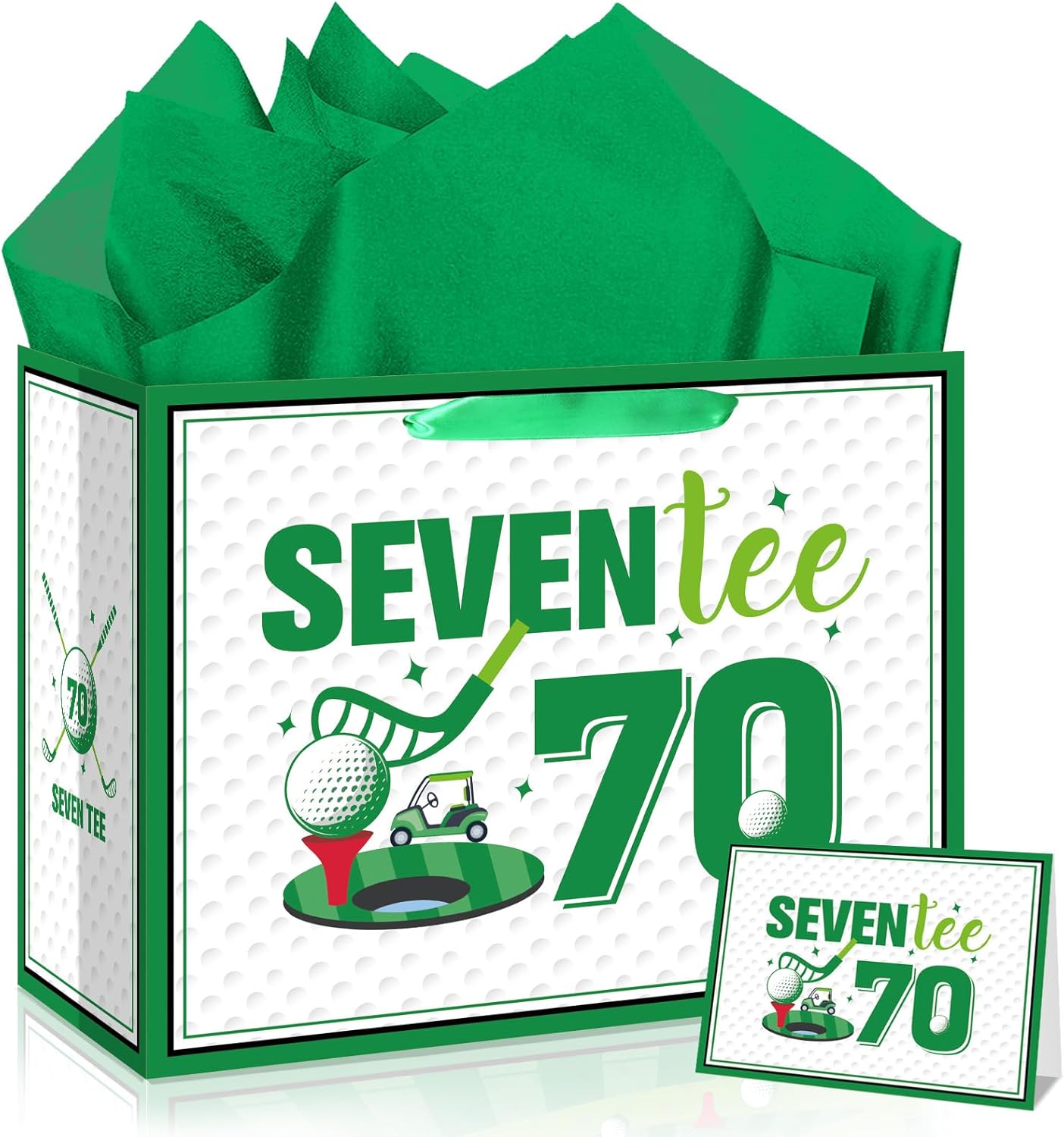 Golf 70th Birthday Gift Bag for Men Golf Happy Seventy Birthday Party Gifts bag with Tissue Paper Greeting Card Seven-Tee Bday Gift Wrapping Bag for Sports Themed Party Decorations Supplies