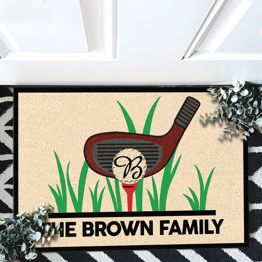 Personalized Golf Non-Slip Doormat with Family Name – Custom Entry Rug Featuring Club, Tee, and Monogram Golf Ball – Durable Outdoor Welcome Mat for Garage, Porch, Golf Cart Area, or Patio Entrance