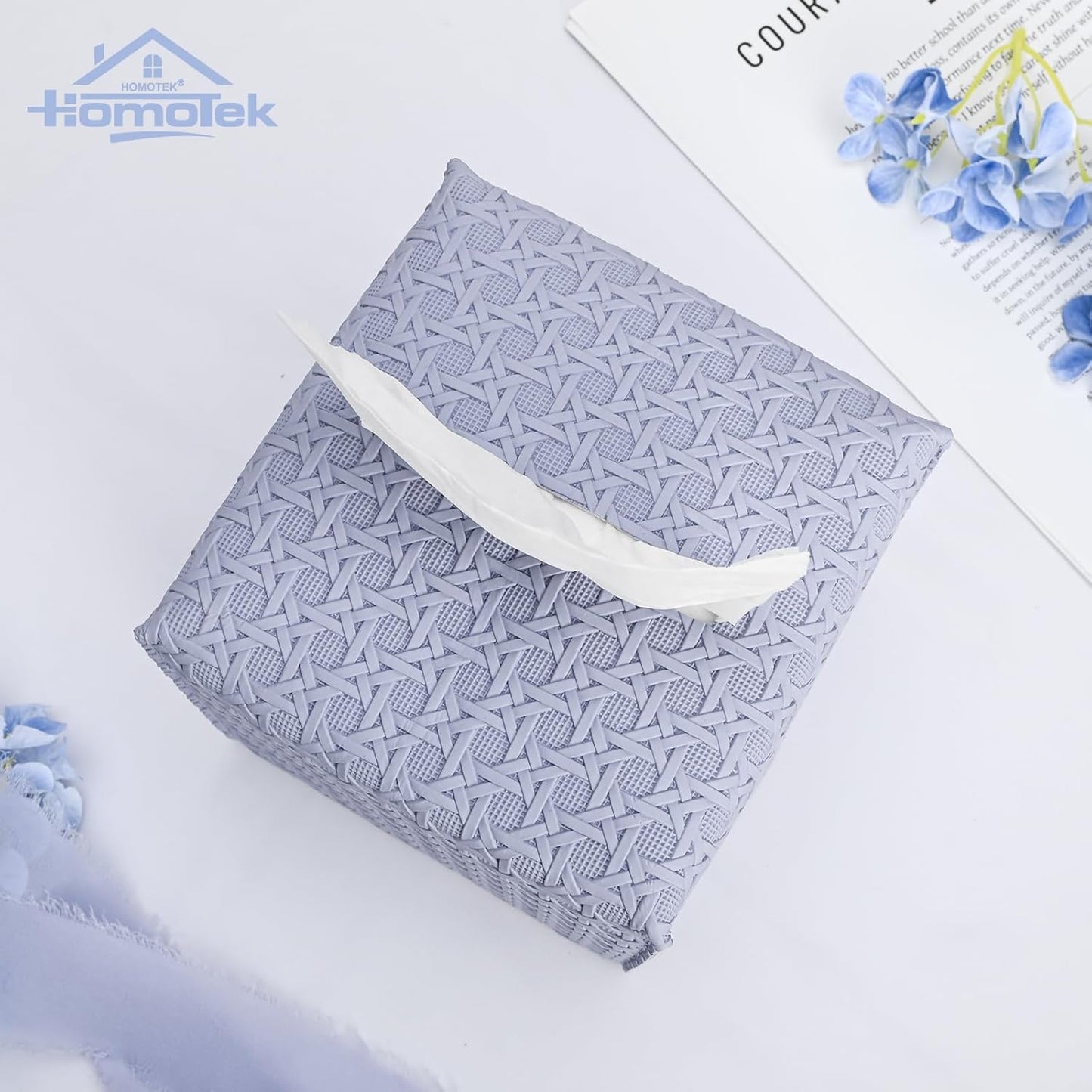 HOMOTEK 2 Pack Tissue Box Cover, Square PU Leather Tissue Holder, Decorative Facial Tissue Cube Paper Organizer Dispenser for Bathroom, Night Stands, Desk, Car 5X5X5'' - Rattan Weave,Lavenderpurple