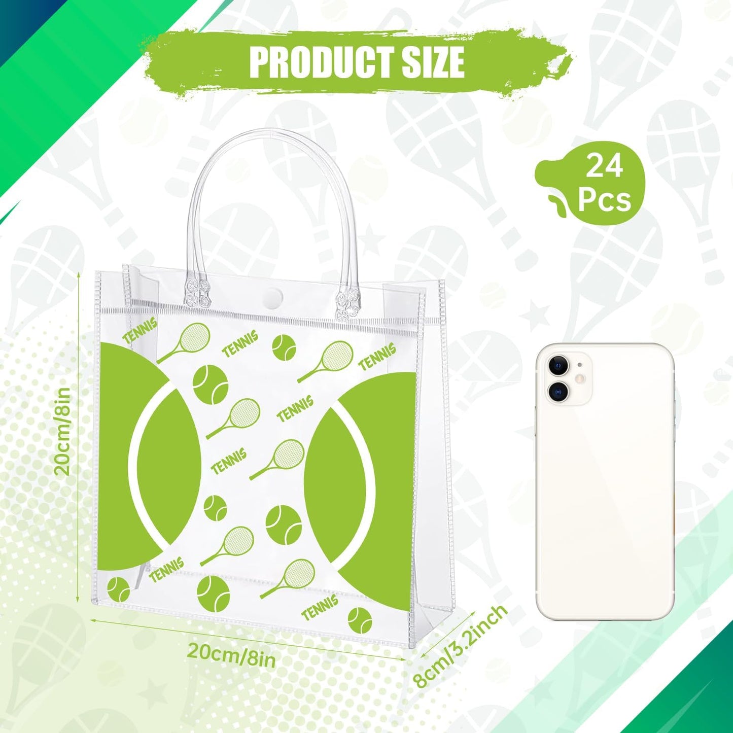 24 Pieces Tennis Clear PVC Gift Bag with Handles Tennis Transparent Treat Goodie Bags 8 x 8 x 3.2Inch Sport Theme Party Favor Bag for Birthday Holiday Sports Team (tennis)