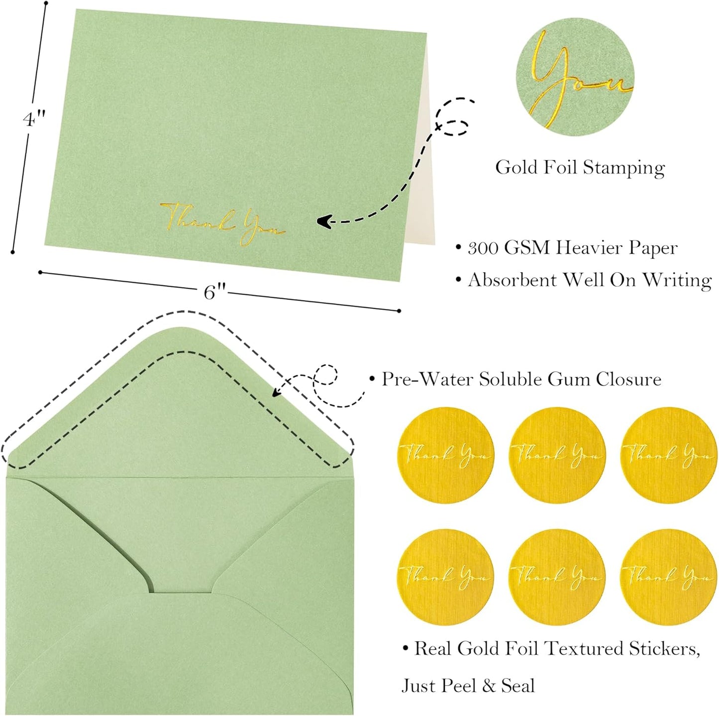 Crisky Thank You Cards with Envelopes & Stickers， 50 Pack Green Bridal Shower Graduation Thank You Cards Small Business, Wedding Baby Shower Birthday Funeral Notes Bulk