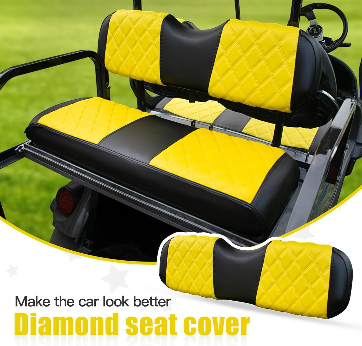 NOKINS Golf Cart Seat Covers Fit Club Car Precedent/DS/EZGO RXV/TXT/Yamaha Drive Aftermarket Standard Rear Seat Cushion, No Stapler, Multiple Colors&Breathable (Yellow&Black)