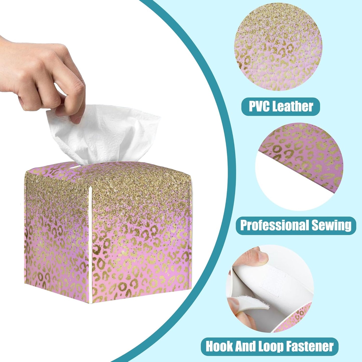 Pink Golden Leopard Tissue Box Cover Square,Gold Glitter Leather Tissue Holder,Waterproof Leather Facial Paper Organizer Tissue Box Cover for Home Office Bathroom Vanity Countertop,5.2" x 5.2" x 5.2"