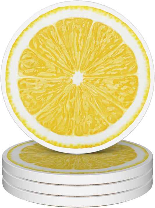 Drinks Coasters Set of 4, Lemonade Round 4" Cup Coasters, Absorbent Ceramic Stone Coasters with Cork Base, Cute Coasters for Table Home Décor, Ideal Gifts for Women Men