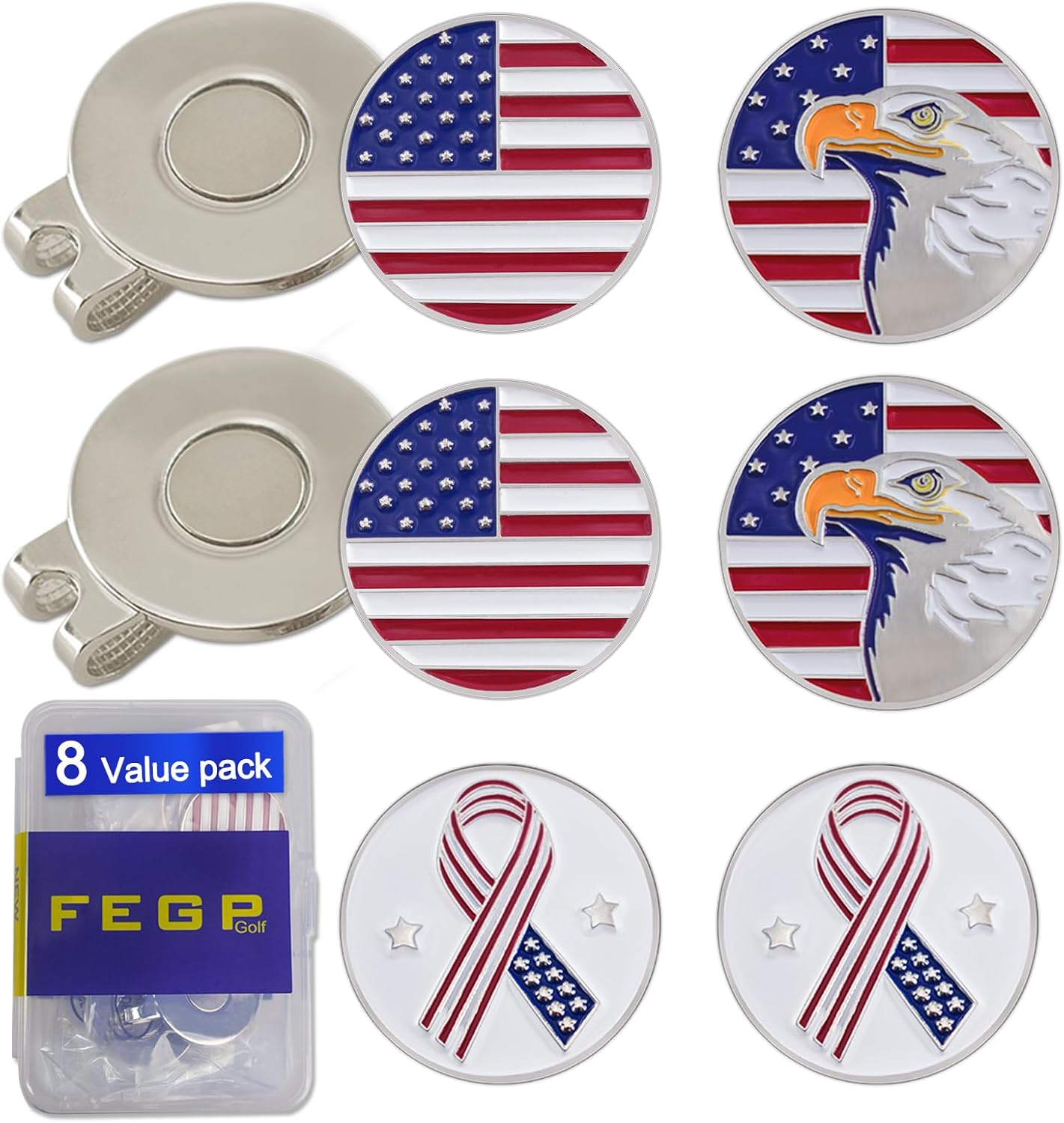 8 Pack Golf Ball Markers with Magnetic Hat Clips Value Sets - Removable Attaches Easily to Golf Cap Premium Gifts，Golf Ball Markers with Hat Clips Sets for Men Women Golfer