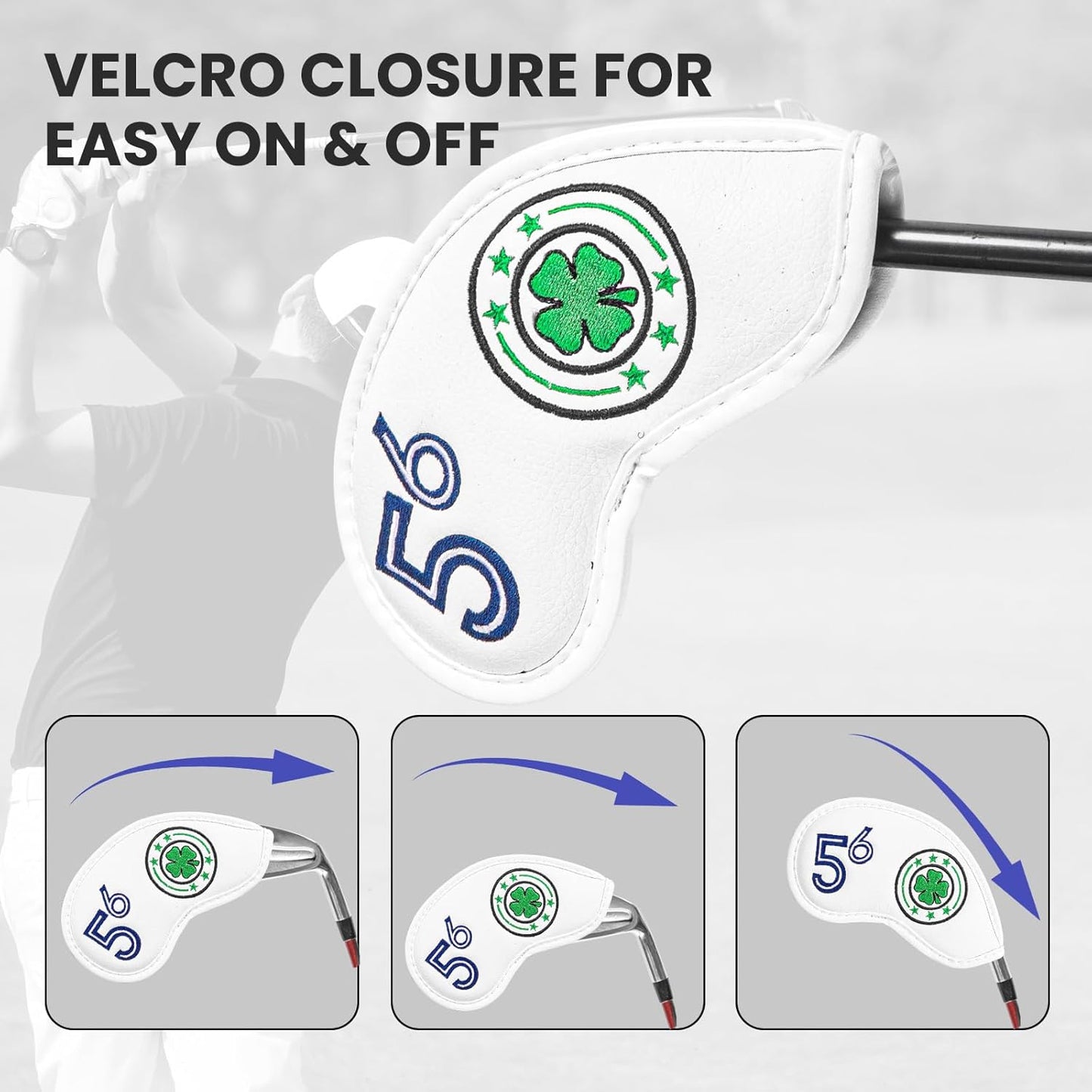 Golf Iron Wedge Head Covers 52° 54° 56° 60° 1 or 4 Pack, Synthetic Leather Clover USA Flag Design Club Head Protection, Universal Headcover Fit Iron Clubs for Men Women