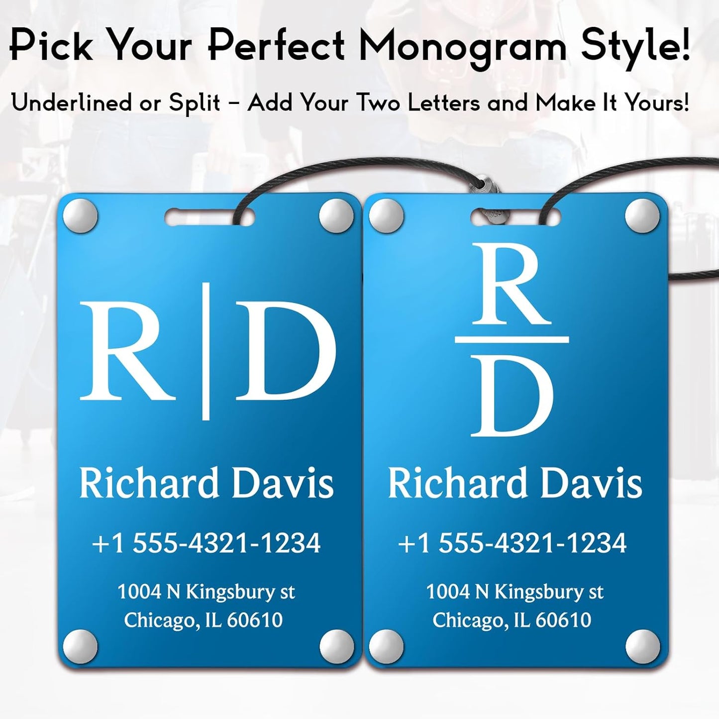 Personalized Luggage Tags for Suitcases - Monogram Style Aluminum Custom Luggage Tags for Backpacks & Bags, Sturdy, Waterproof & Heavy Duty (Blue/Card-Sized)