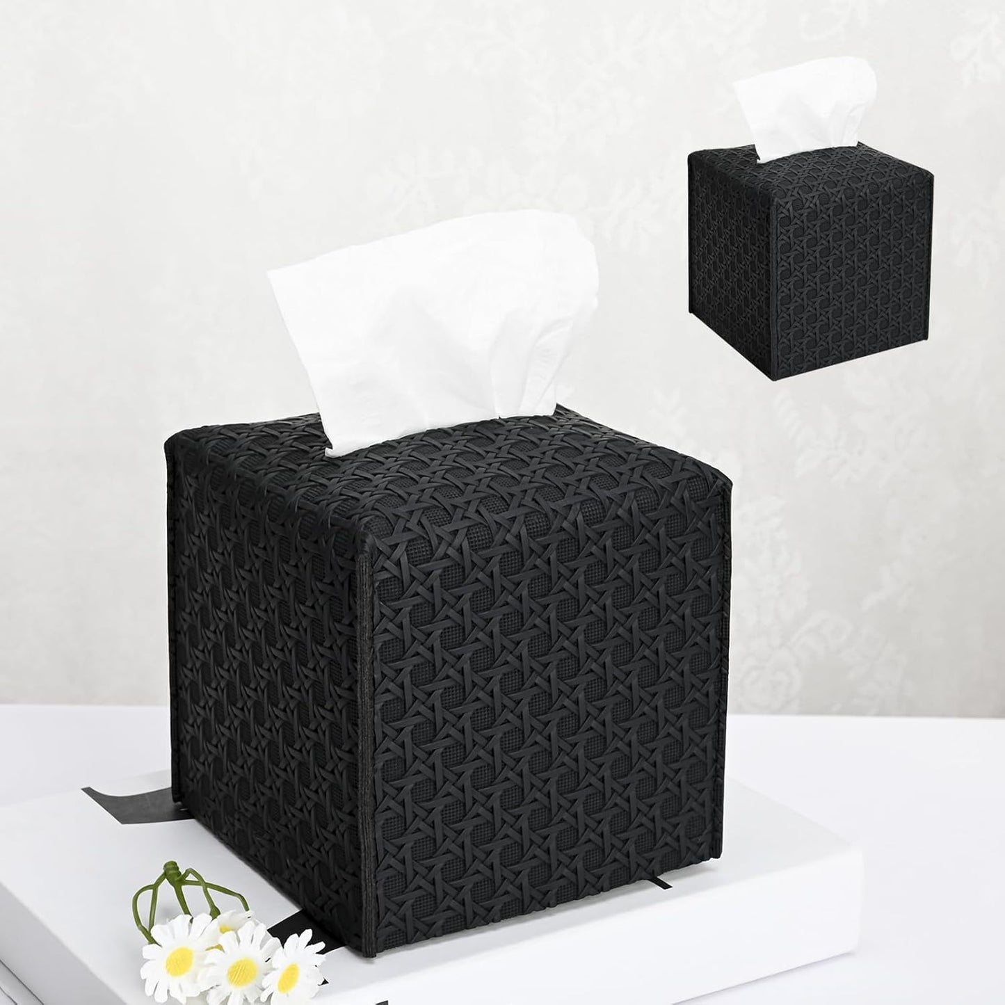 HOMOTEK 2 Pack Tissue Box Cover, Square PU Leather Tissue Holder, Decorative Facial Tissue Cube Paper Organizer Dispenser for Bathroom, Night Stands, Desk, Car 5X5X5'' - Rattan Weave,Dark Black