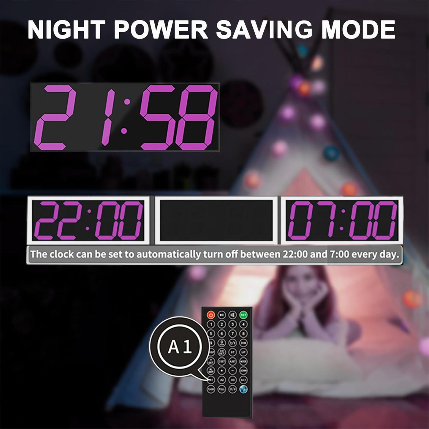 LED Large Digital Wall Clock, Oversize Wall Clock with 6” Numbers, Remote Control Count up/Countdown Timer Clock, Auto Dimmer, Big Calendar and Thermometer(Purple)