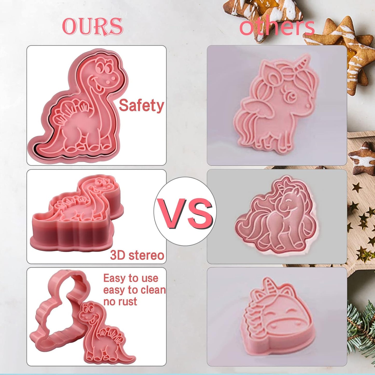 Dinosaur Cookie Cutters With Plunger Stampers Set,8 Piece 3D Dinosaur Embossing Cutters For Biscuit Fondant Cheese Baking