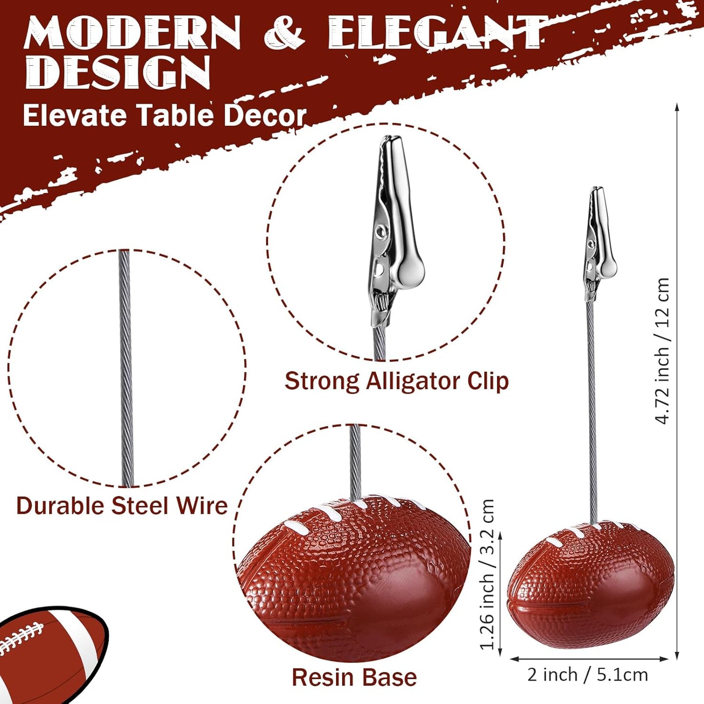 Jetec 12 Pcs Resin Sports Ball Base Memo Clips with Alligator Wire Table Number Card Place Holders Photo Stand for Office Menu Wedding Party Events Decoration(Football)