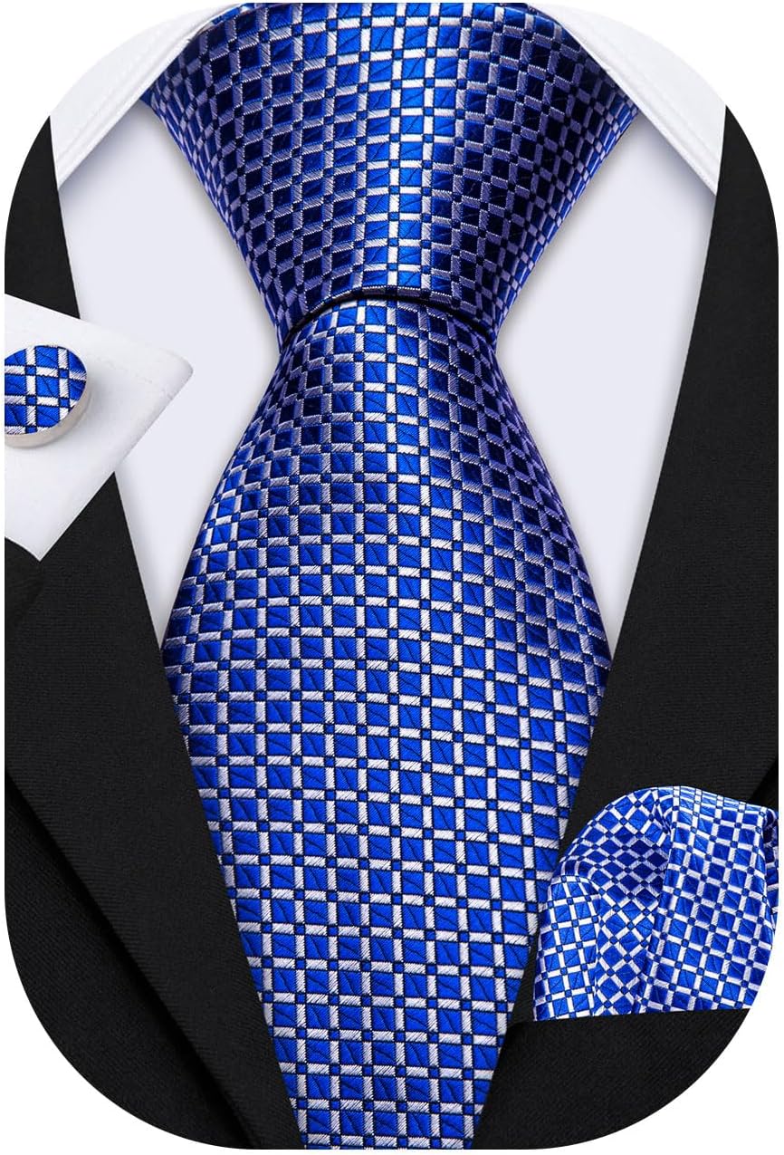 Barry.Wang Designer Classic Ties for Men Set Formal Pocket Square Cufflink Check Plaid