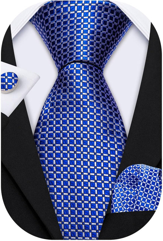 Barry.Wang Designer Classic Ties for Men Set Formal Pocket Square Cufflink Check Plaid
