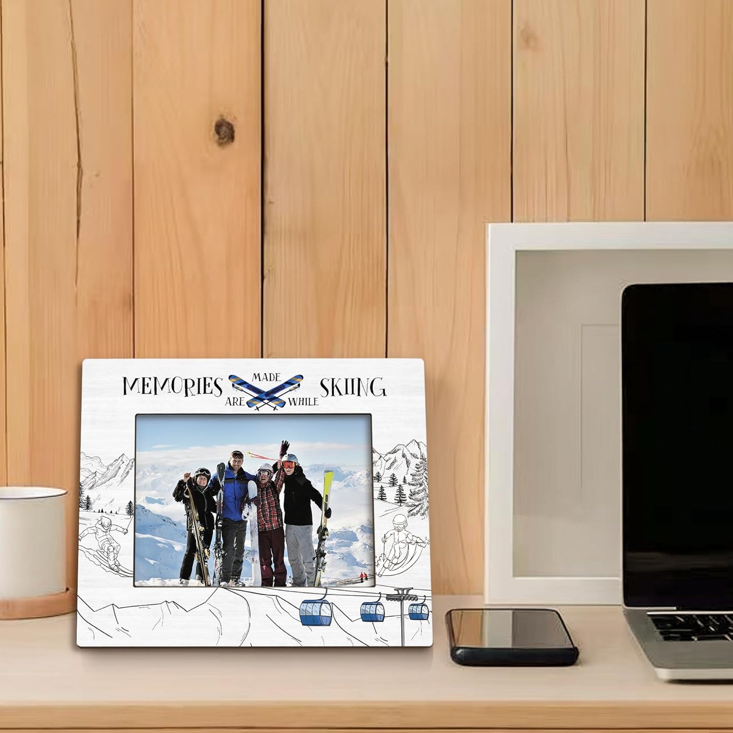 Ski Gifts Picture Frame 5x7, Gifts for Skiers Photo Frame, Ski Lover Gift for Skiers Women Men Friends, Memories are Made While Skiing Wooden Picture Photo Frames for Desk Home Room Decor