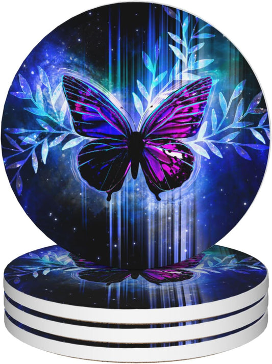 Drinks Coasters Set of 4, Magic Butterfly Round 4" Cup Coasters, Absorbent Ceramic Stone Coasters with Cork Base, Cute Coasters for Table Home Décor, Ideal Gifts for Women Men