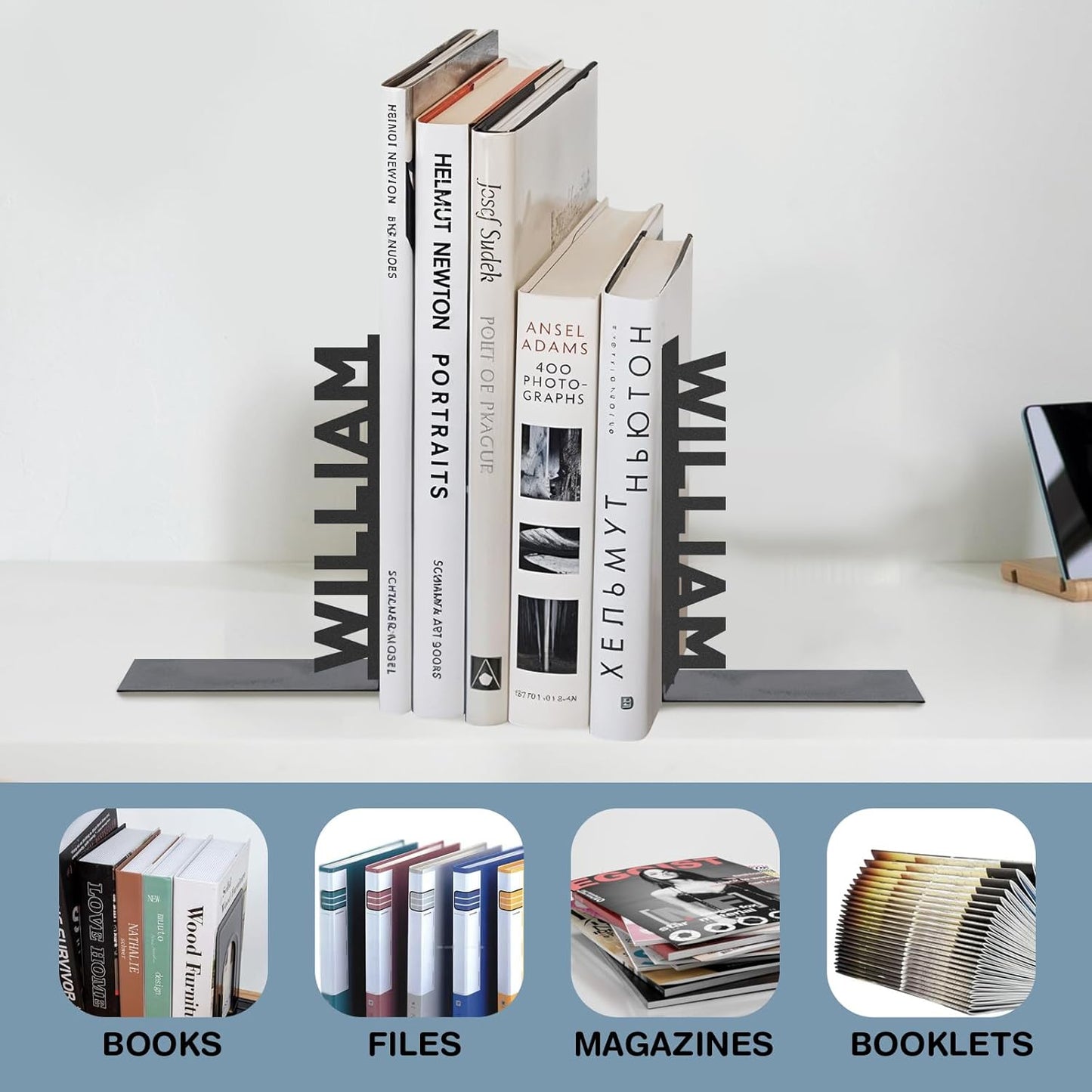 Personalized Name Bookends Decorative 2 Pcs, Metal Book Ends for Shelves, Modern Heavy Duty Bookend Stopper, Custom Last Name Book Shelf Holder for Home Office Study Room, Desk Book Organizer