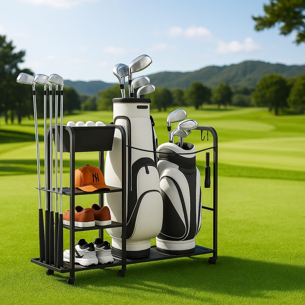 niffgaff Golf Bag Organizer Golfing Storage Stand for Garage Golf Bags Golfing Rack with Wheels Black