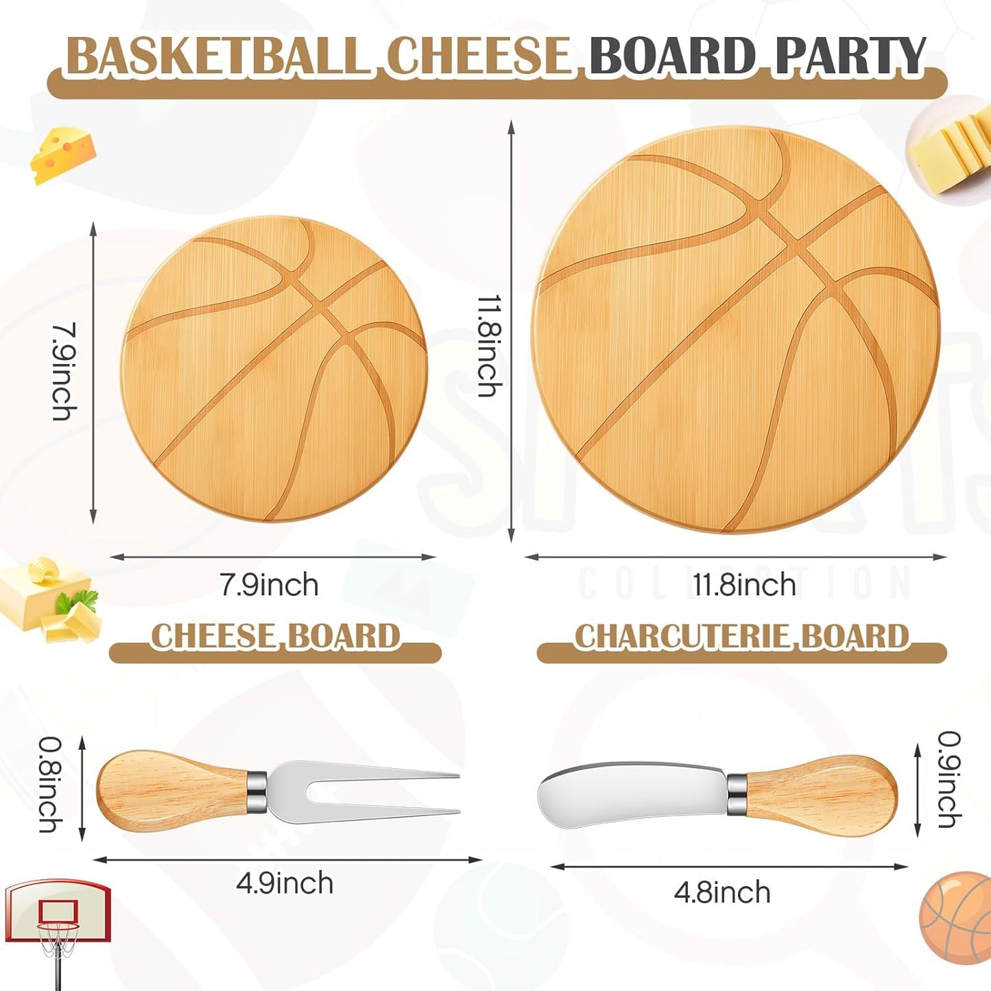 Basketball Cheese Board Gift Set Party Favor Prizes Charcuterie Wood Board with Knives and Box Father Day Gift for Dad Grandpa Party Tournament Game(Bamboo Wood, Basketball)