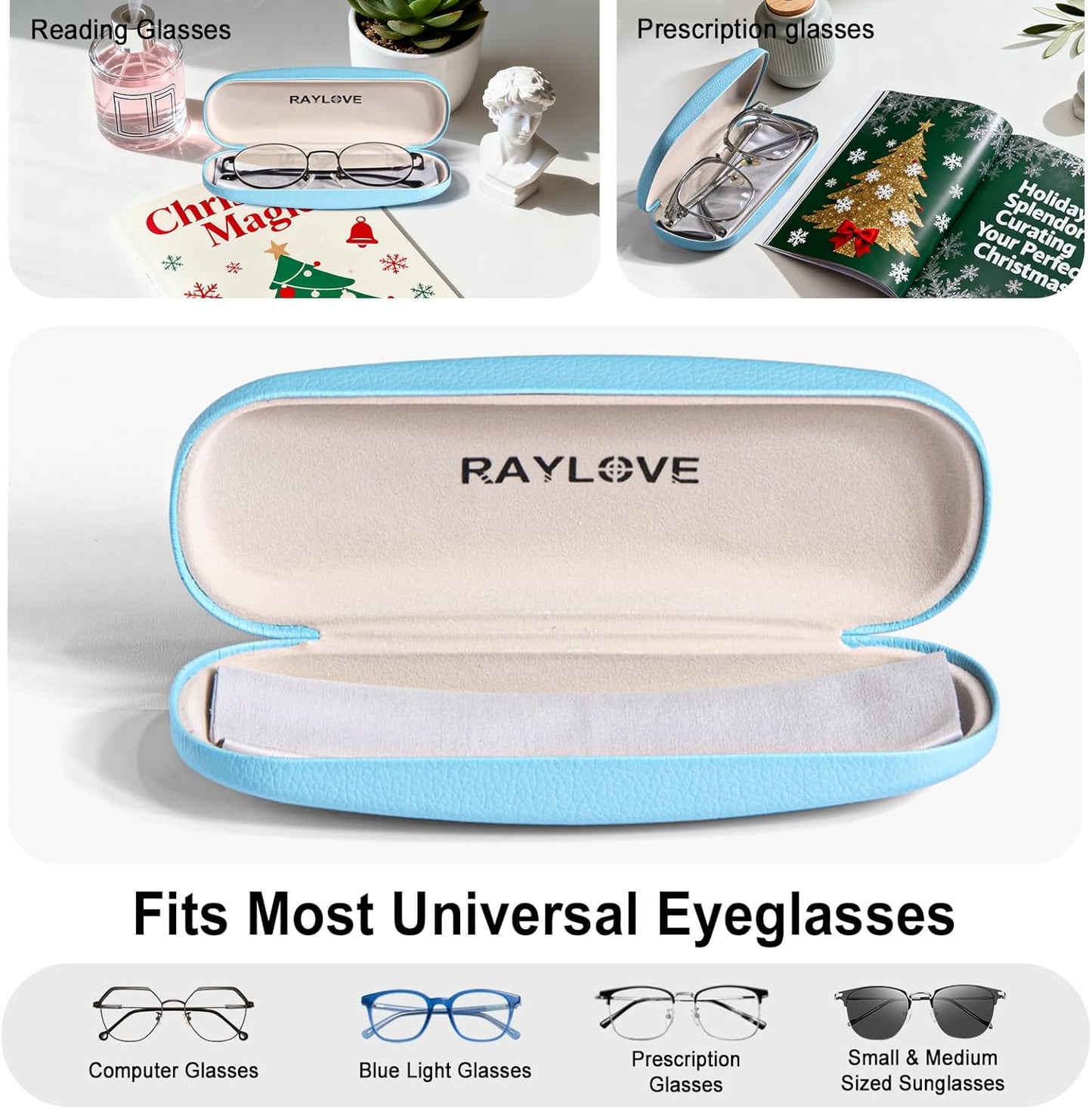 RayLove Glasses Case, Unisex Hard Shell Eyeglass Case, PU Leather Protective Hard Eye Glasses Cases with Eyewear Accessories