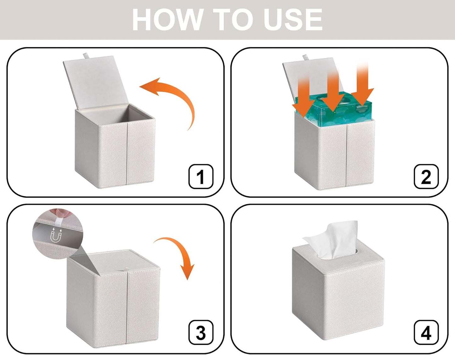 Tissue Box Cover Square PU Leather Facial Tissue Box Holder for Dresser Bathroom Decor (Linen Beige)