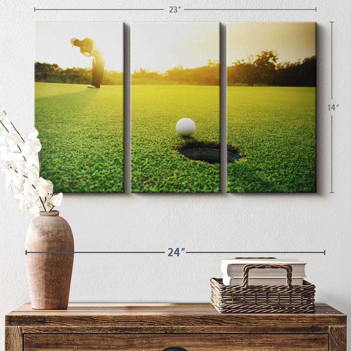 ElephantStock Golf Ball Strike Wall Art - Horizontal Canvas - 3-Piece Living Room Wall Decor - Photography Sports Canvas Print - Green and White Decor for Wall - 23" X 14"