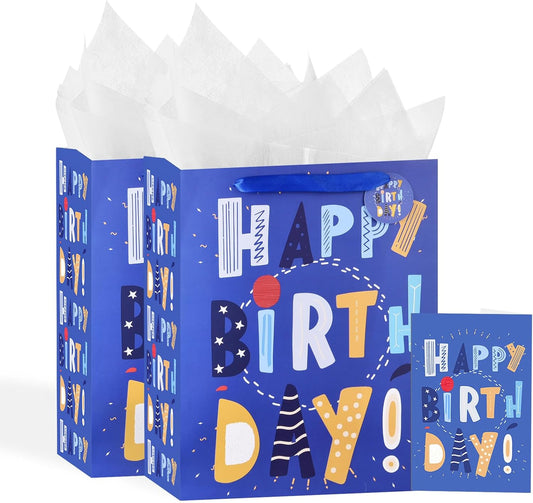 13" Blue Happy Birthday Bag with Tissue Paper and Greeting Card for Party,Happy Birthday Gift Bag for Kids, Boys, Girls, Baby Boy,Men Women,Gift Bags Medium size (2 PCS Blue, Kids Gift Bag)