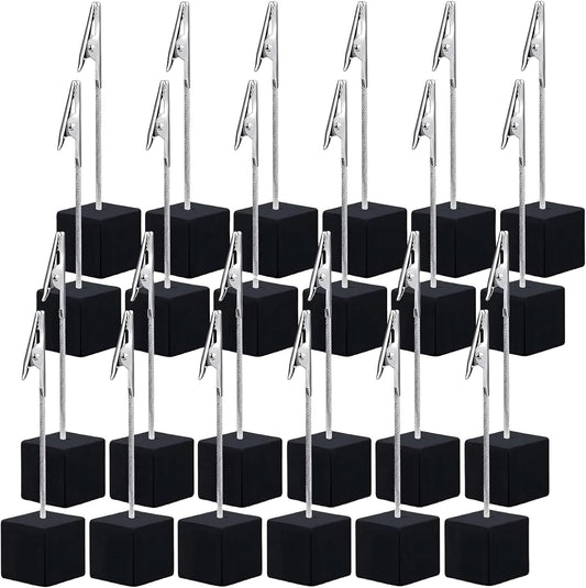 24PCS Wooden Cube Memo Holders with Alligator Clips Table Number Stands, Mini Photo and Card Display Clips for Wedding, Event, Office Desk Use (Black)