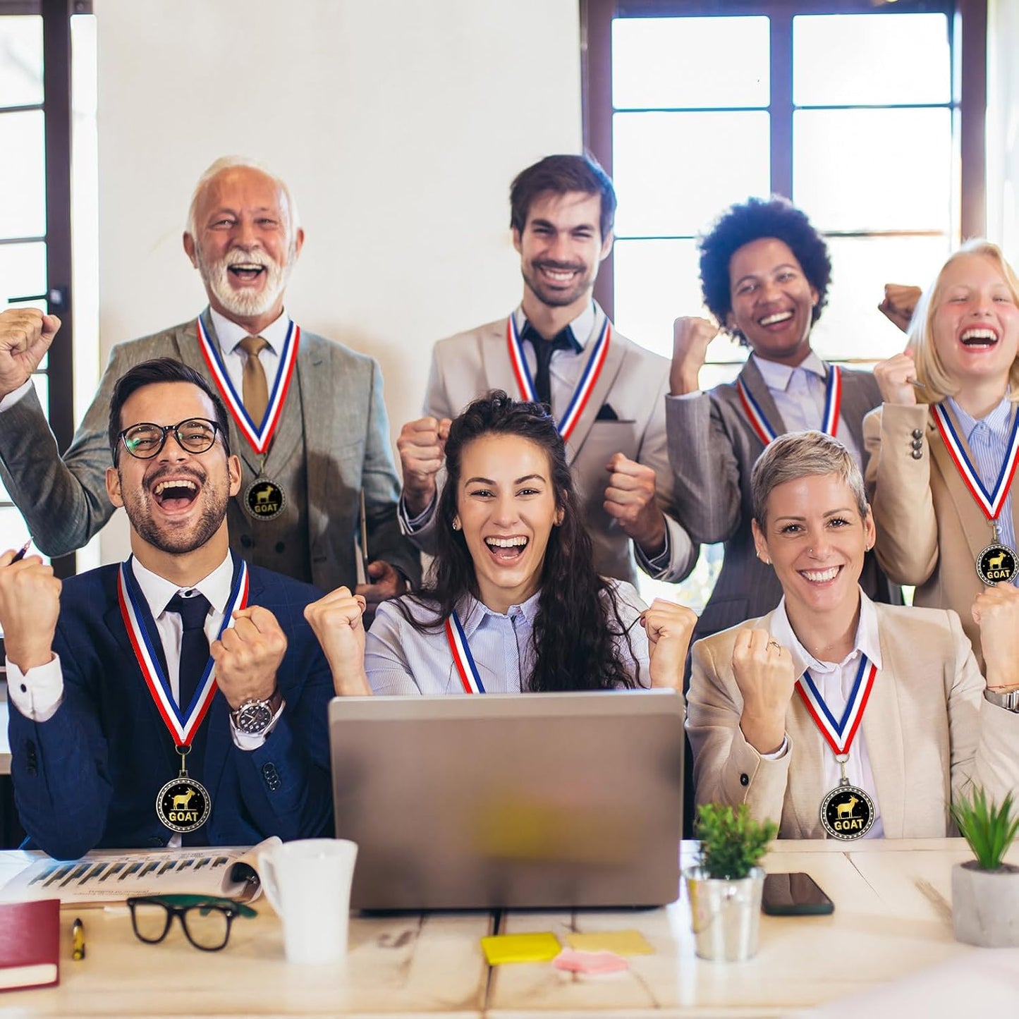 16 Pcs Goat Medal 2'' Greatest of All Time Champ Goat Trophy with Neck Ribbon Award Medals Pendant Funny Recognition Football MVP Necklace Fantasy Sports Award for Tournament League Champion