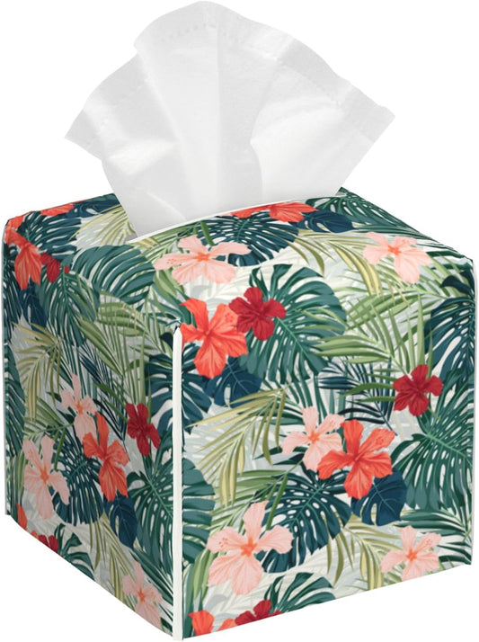Palm Leaves and Flowers Tissue Box Cover Square,Tropical Plants and Floral Tissue Box Holder Waterproof Leather Facial Paper Organizer Dispenser for Bathroom Home Car Nightstand Vanity Desk