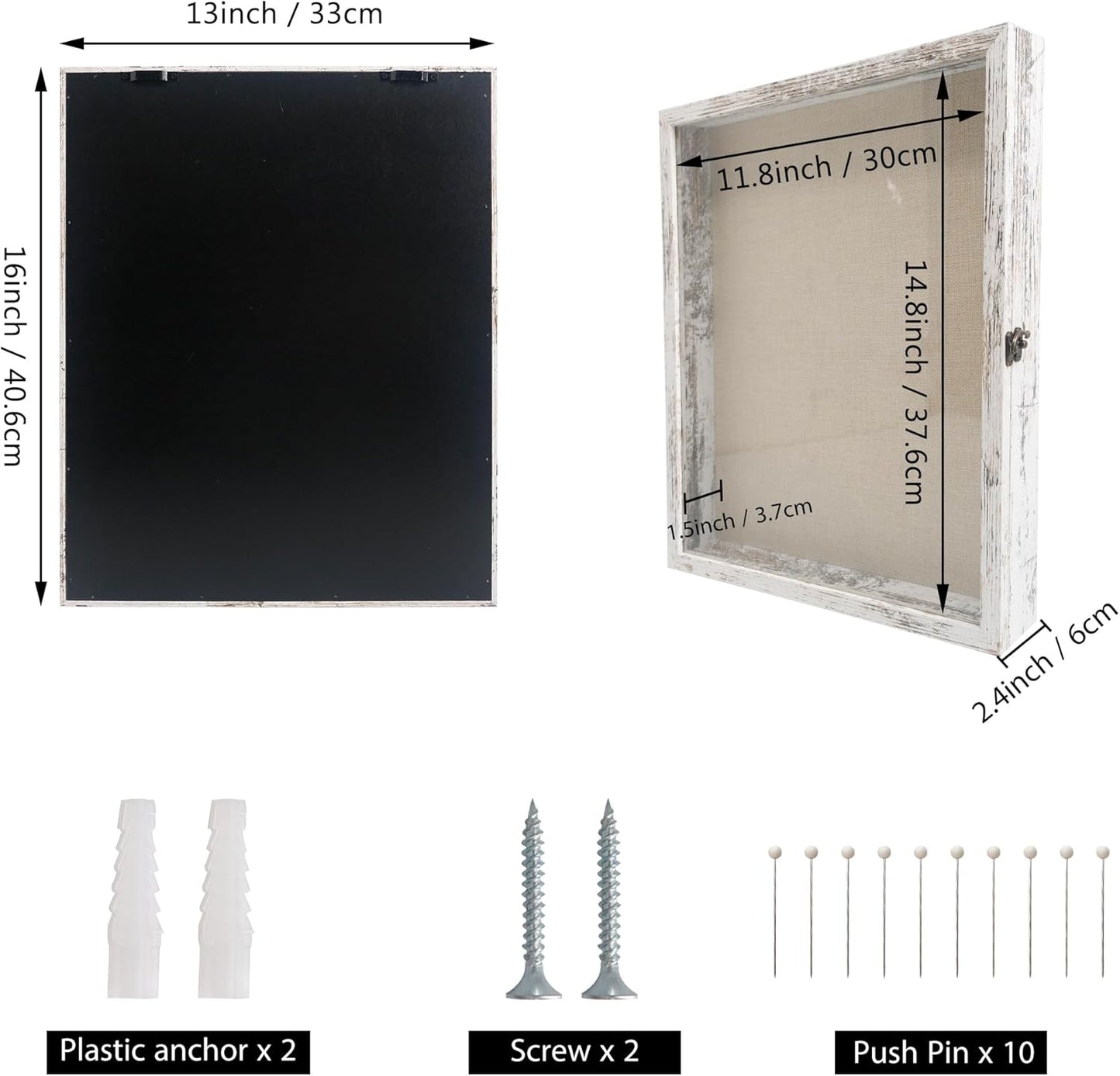 GraduatePro Shadow Box Frame 13X16 Display Case with Linen Back, Real Glass Window Door with Hinge, Picture Frame Wedding Bouquet Memorabilia Medals Photos Memory Box for Keepsakes Rustic White