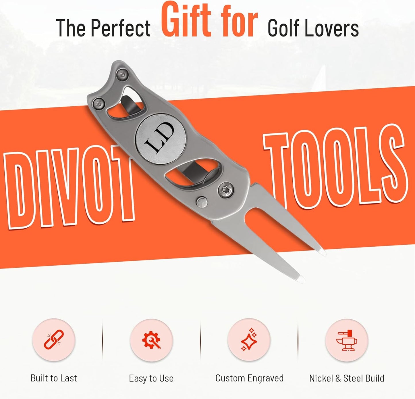 Indiana Metal Craft Switchblade Golf Divot Repair Tool Stainless Steel Personalized with 2 Ball Markers (1 Spare), Silver