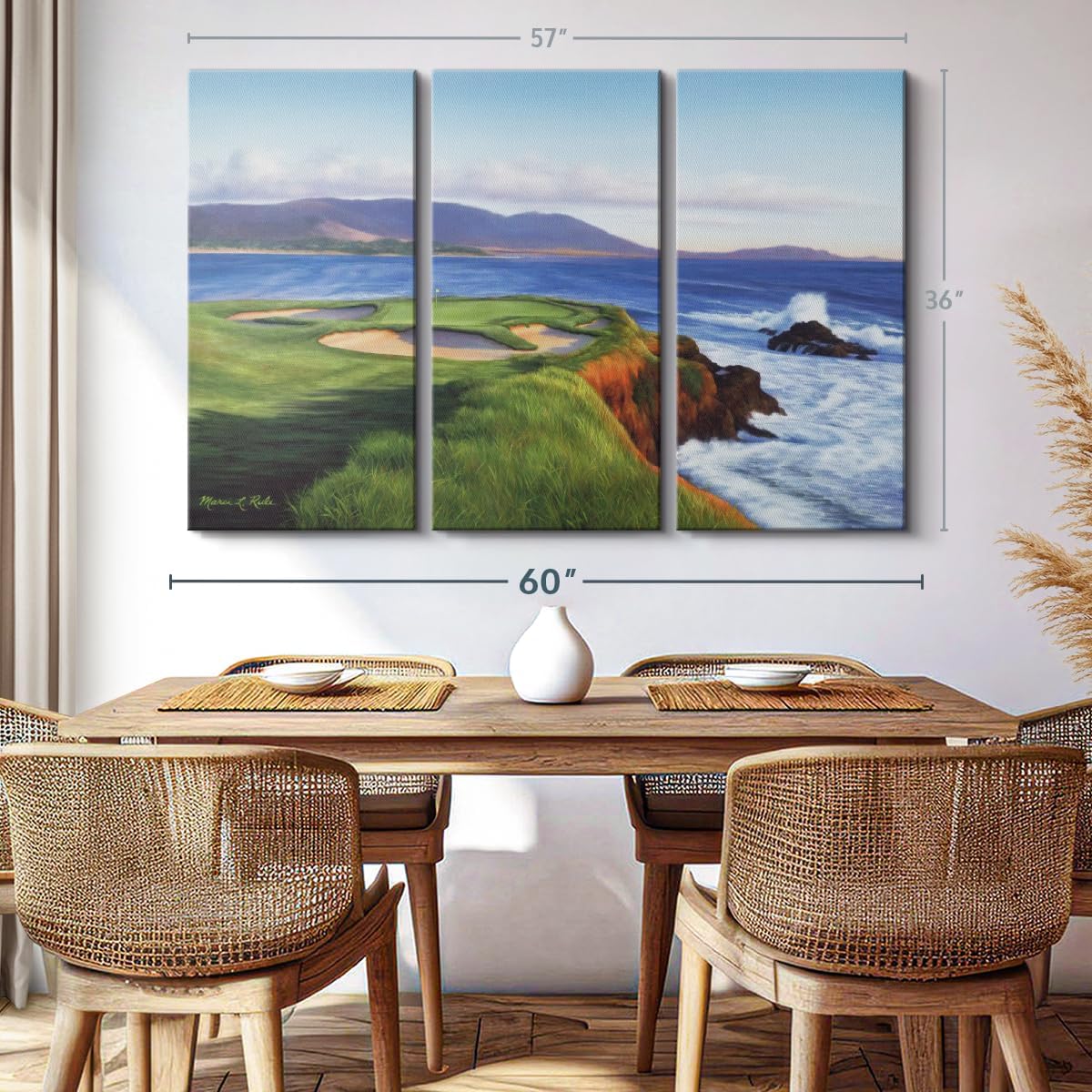 ElephantStock Pebble Beach 7th Hole Wall Art - Horizontal Canvas - 3-Piece Living Room Wall Decor - Painting Sports Canvas Print - Green and Blue Decor for Wall by Marci Rule - 57" X 36"