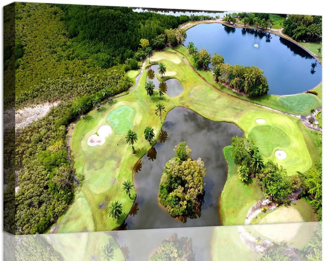 Golf Course Canvas Wall Art for Living Room Bedroom Bathroom Home Decorations Golf Course and Lake Picture Poster Prints Artwork Framed Ready to Hang(12''H x 16''W)