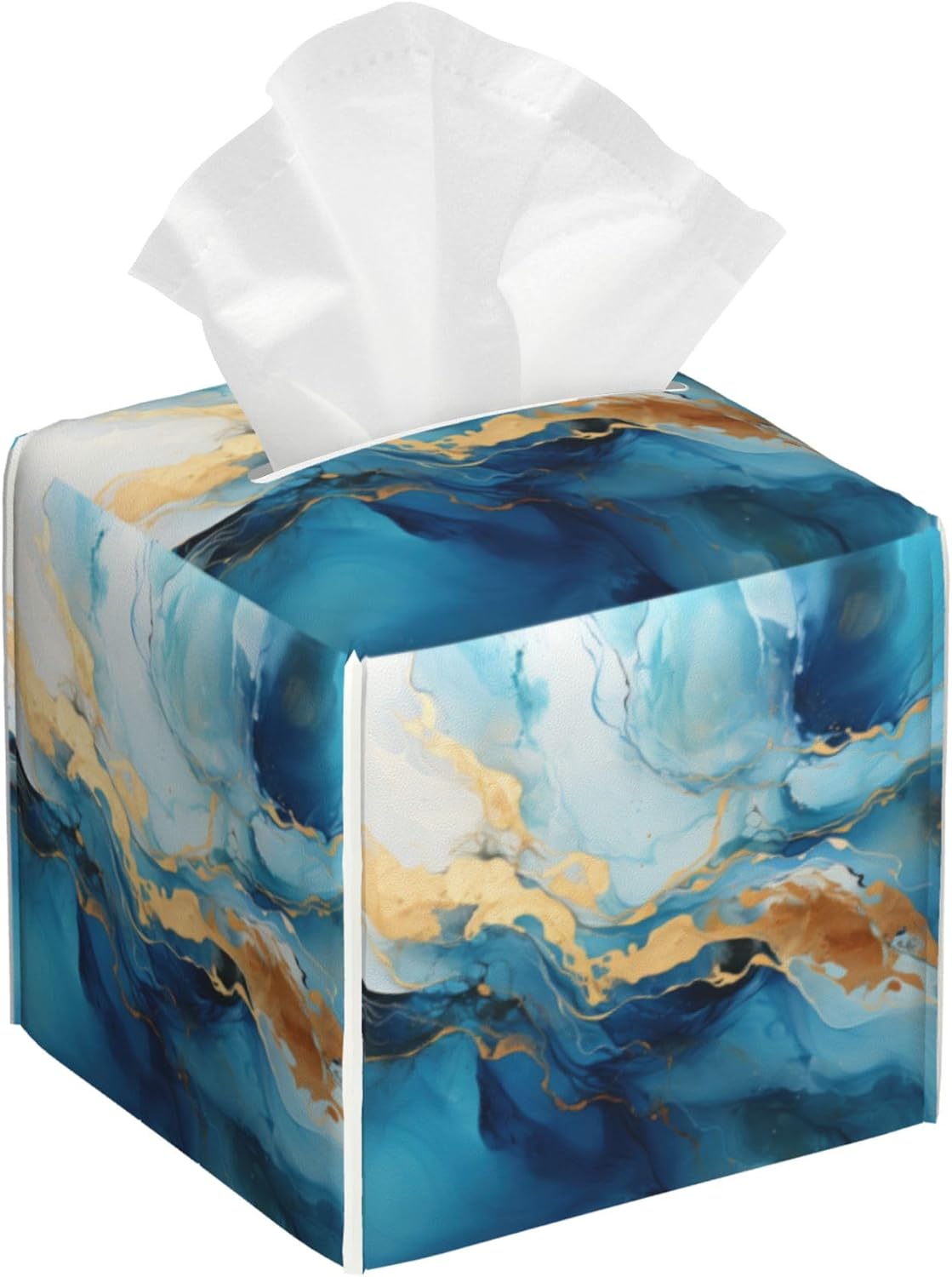 Blue Gold Marble Tissue Box Cover Square,Abstract Liquid Marble Texture Tissue Box Holder Waterproof Leather Facial Paper Organizer Dispenser for Bathroom Home Car Nightstand Vanity Desk