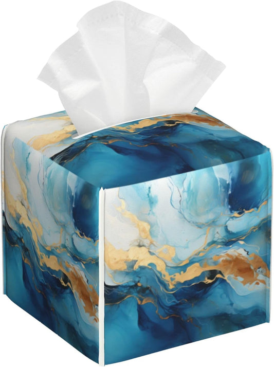Blue Gold Marble Tissue Box Cover Square,Abstract Liquid Marble Texture Tissue Box Holder Waterproof Leather Facial Paper Organizer Dispenser for Bathroom Home Car Nightstand Vanity Desk