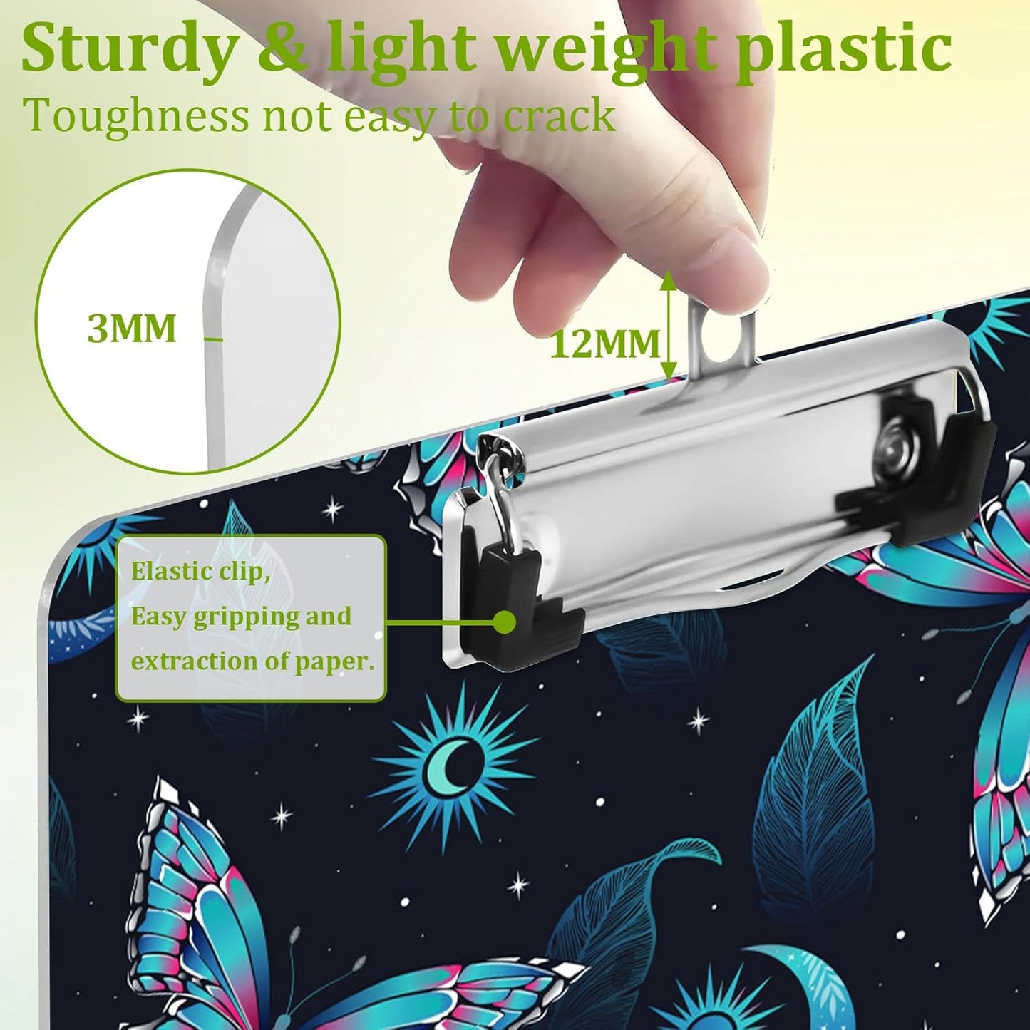 Butterfly Clipboard,Decorative Moon Acrylic Clipboard with Low Profile Metal Clip for Office,School,Teachers,Students Standard Letter Size 9x12.5