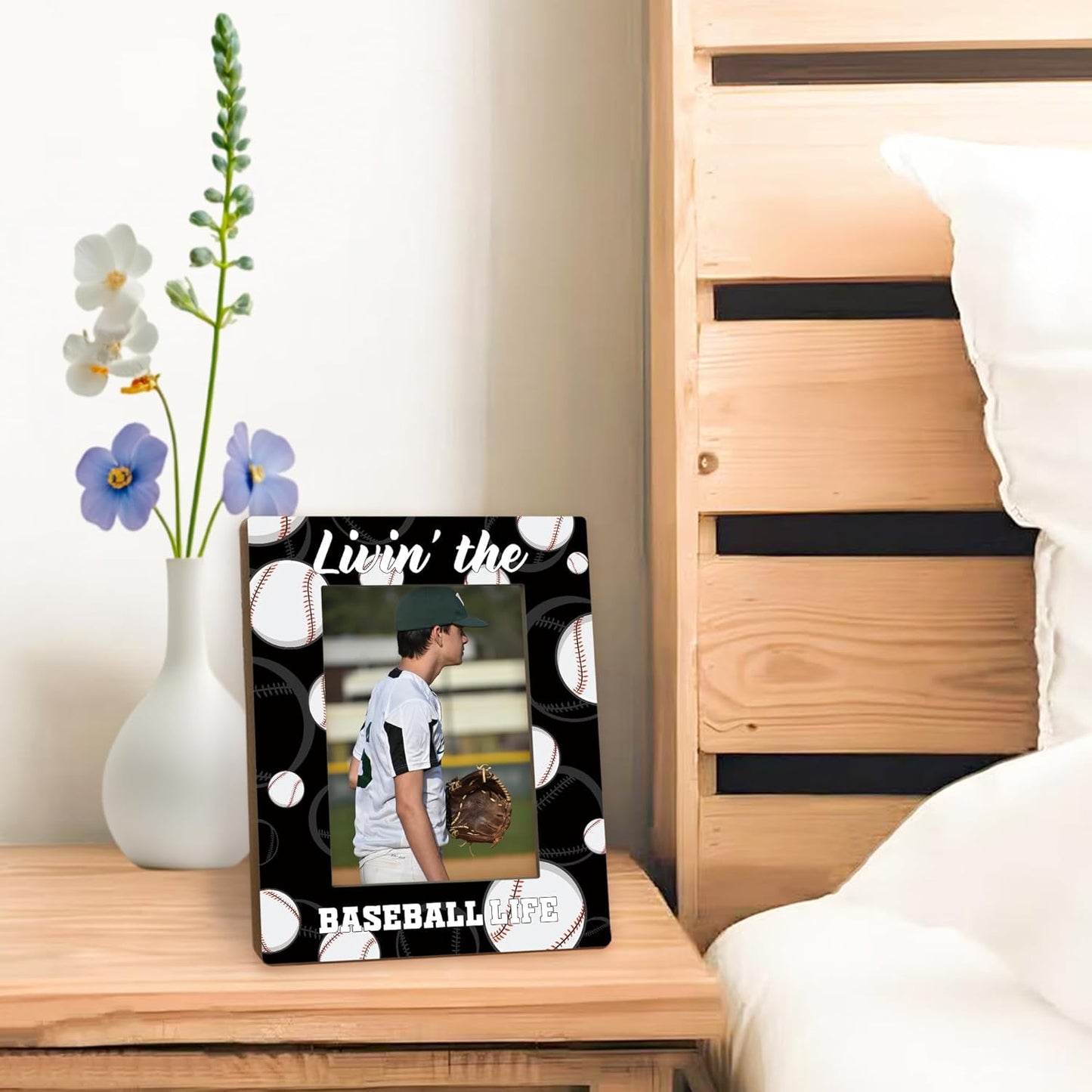 Baseball Picture Frame 5x7, Base Ball Lover Gifts Photo Frame, Base Ball Gifts for Men Boys BaseballPlayers, Livin'the Baseball Life Sport Wooden Picture Photo Frames for Desk Home Room Decor