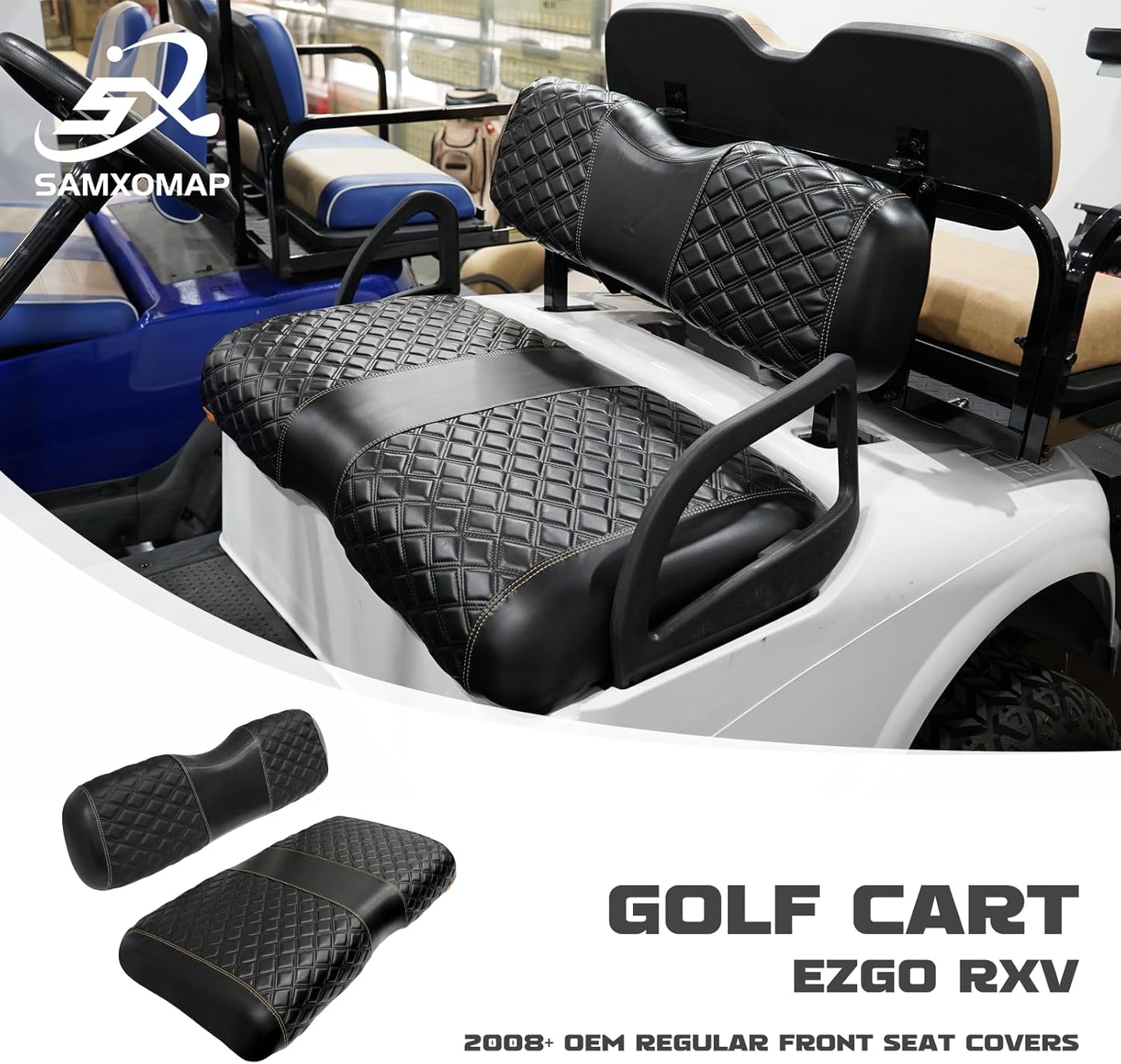 Golf Cart Seat Covers for EZGO RXV 2008 Up Front OEM Universal Seat Cushion, Marine Grade Vinyl Leather EZGO RXV Seat Covers/Easy to Install-Black (2PCS)