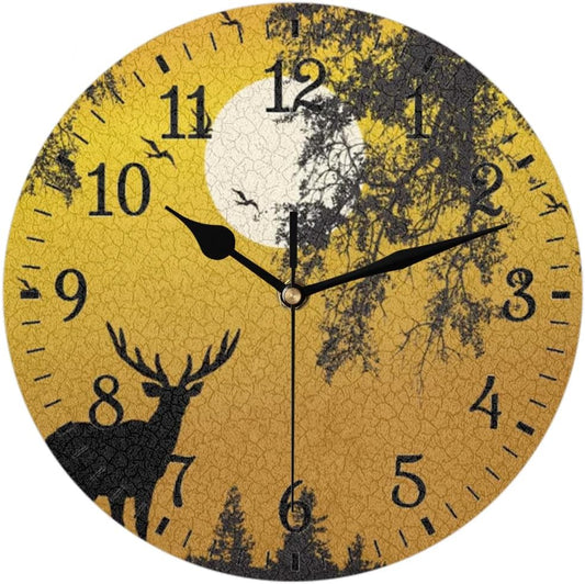Wall Clock without Ticking Sound - 25cm Silent Round Clocks Battery Operated Modern Decorative Style Easy to Read for Living Room/Kitchen/Bedrooms/Office/Home Decor/Hallway (Deer at Sunset)
