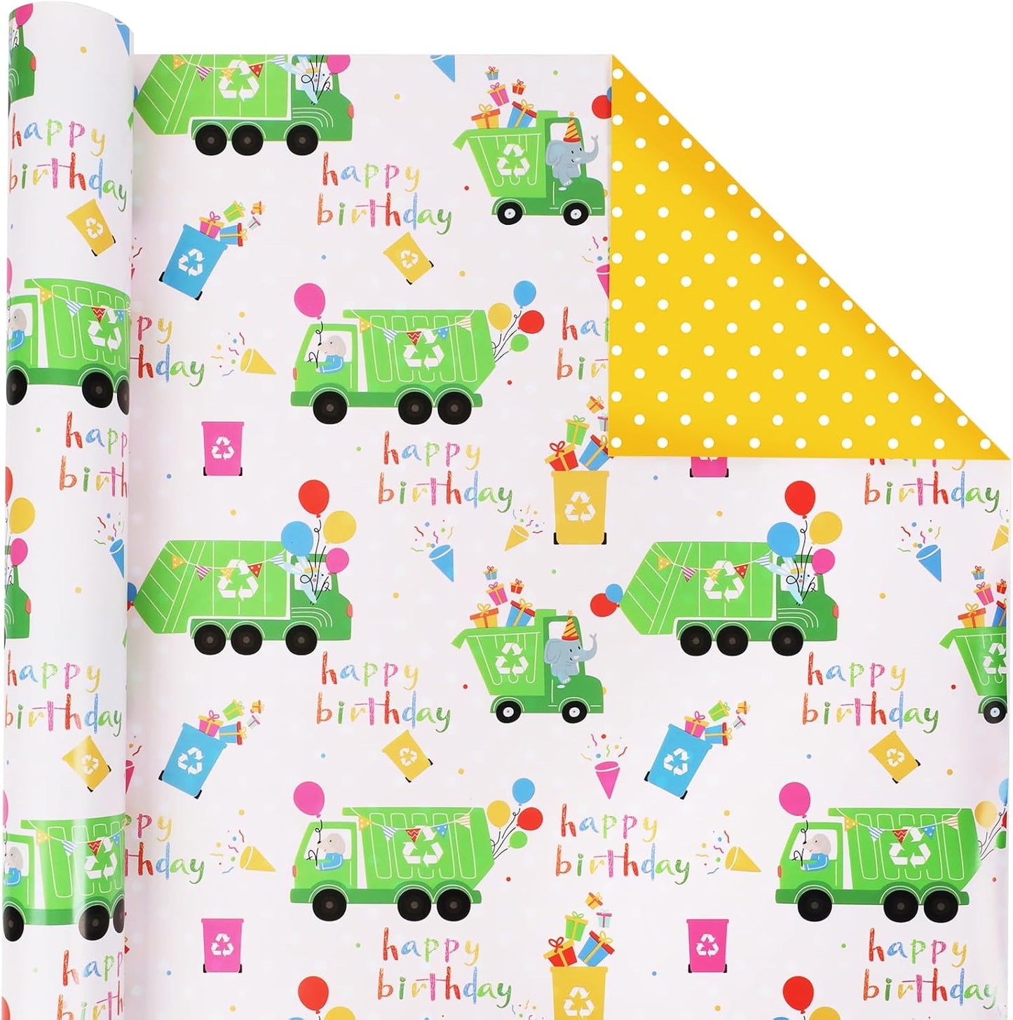 LaRibbons Garbage Truck Reversible Wrapping Paper Mini Roll, Polka Dot Design, Perfect for Kids and Boys Birthdays, 17" x 33' (46.7 sq. ft)
