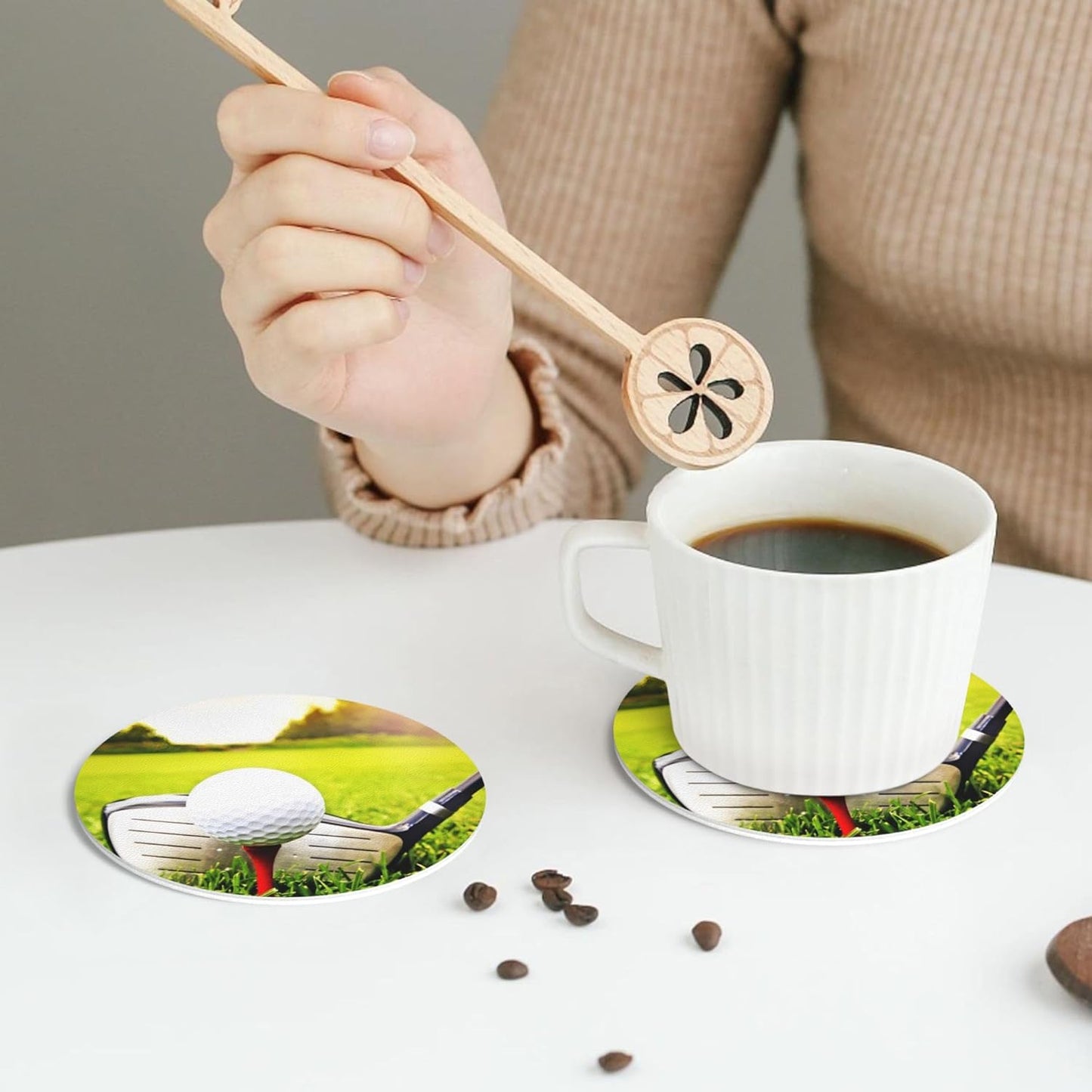 Coasters for Drinks Set of 6, Golf Ball Sports Drink Coasters for Coffee Table, Table Cup Mat Leather Desk Coaster for Drinks, Bar Coasters for Office Home Decor