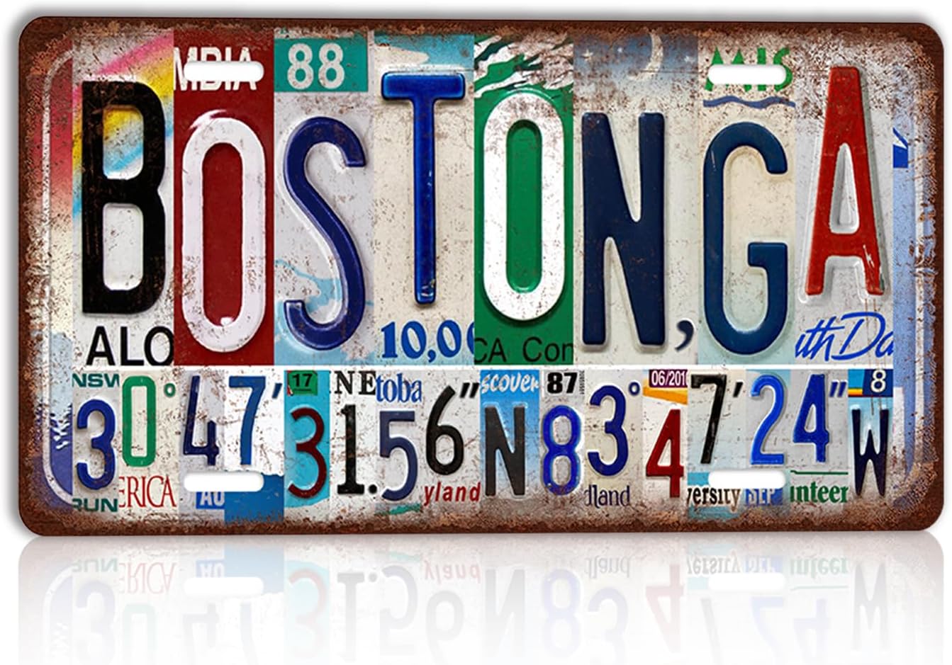 Vintage City License Plate Boston,GA Wall Decor Metal Tin Sign for Bar Home Bedroom 12 x 6 Inches （Including latitude and longitude）