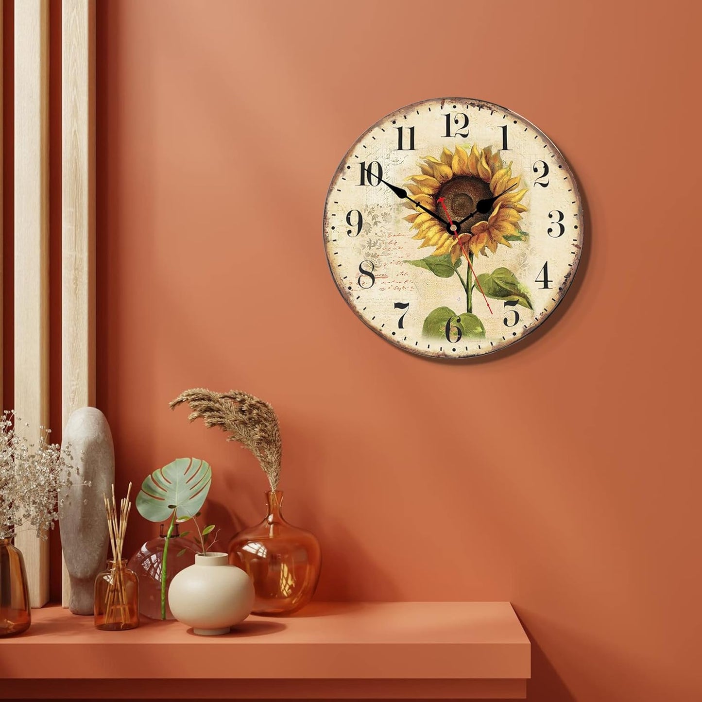 VIKMARI Sunflower Wall Clock Silent Non Ticking - 8 Inch Wooden Quality Quartz Battery Operated Round Wall Clocks for Home/Office/Classroom/School/Kitchen