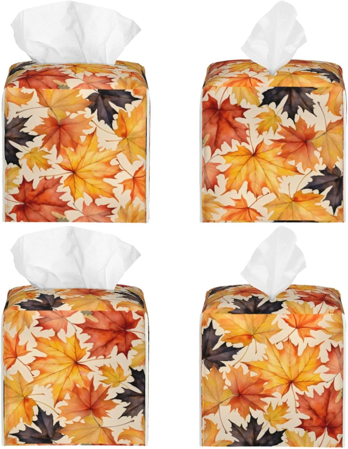 Tissue Box Cover Fall Maple Leaf Square PU Leather Tissue Box Holder for Car Bathroom Bedroom Desk Tabletop Decor