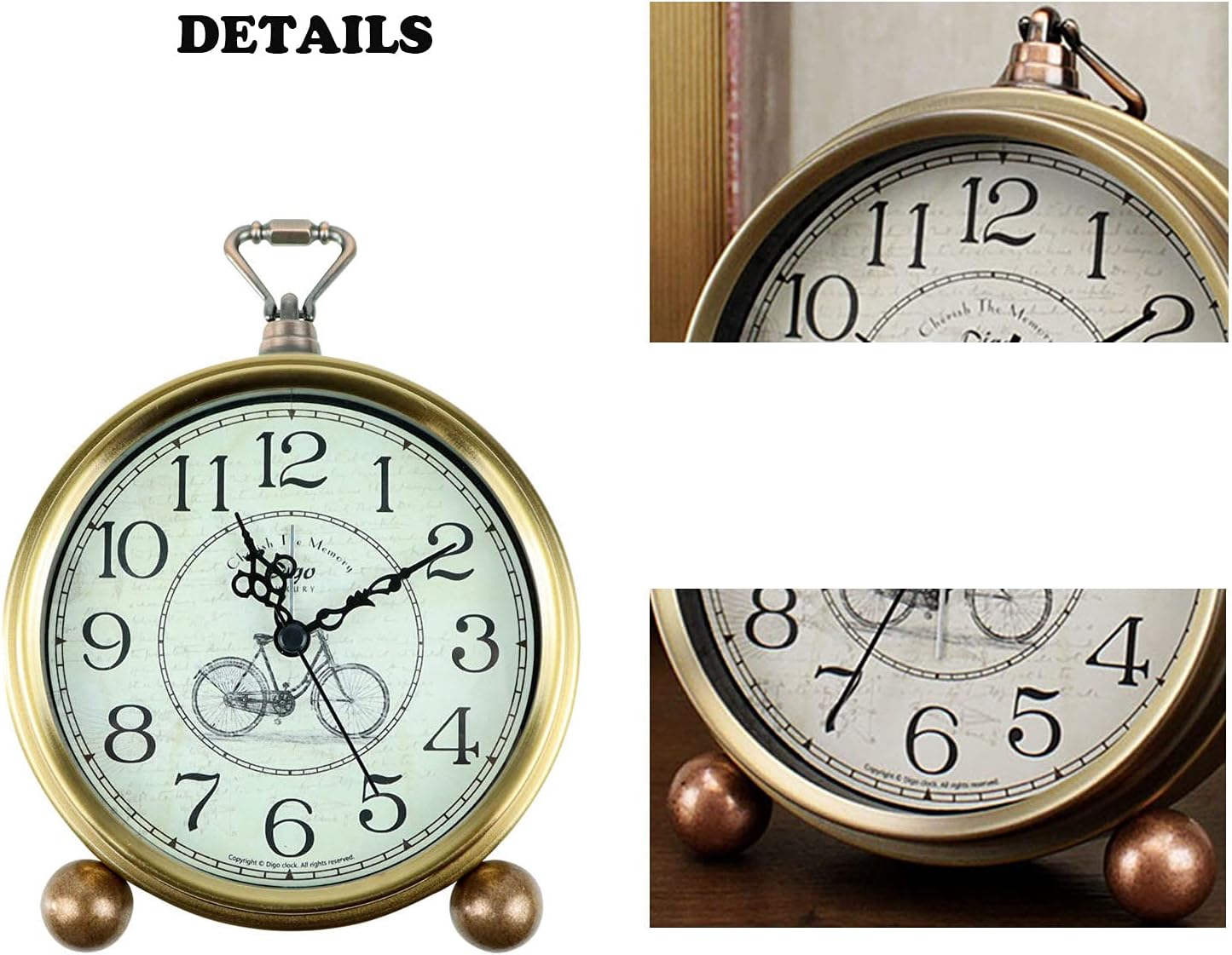 Maxspace Metal Golden Table Clock, Retro Vintage Non-Ticking Small Alarm Clock,Battery Operated Silent Quartz Movement HD Glass Desk Clock for Bedroom Living Room Indoor Decoration Kids… (Gold)