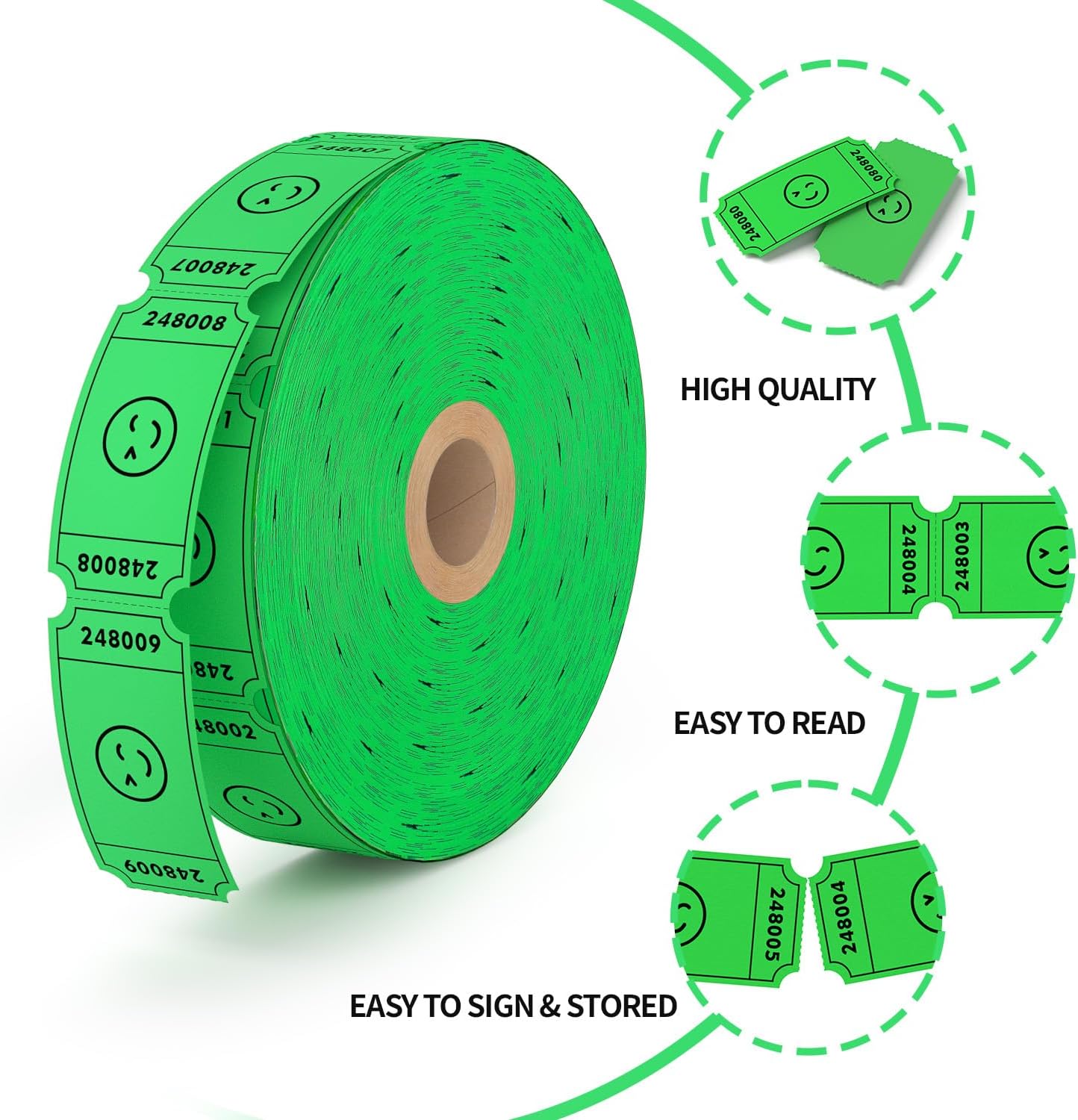Methdic 1000 Smile Raffle Tickets Green, Single Roll, Ticket for Events, Entry, Class Reward, Fundraiser & Prizes