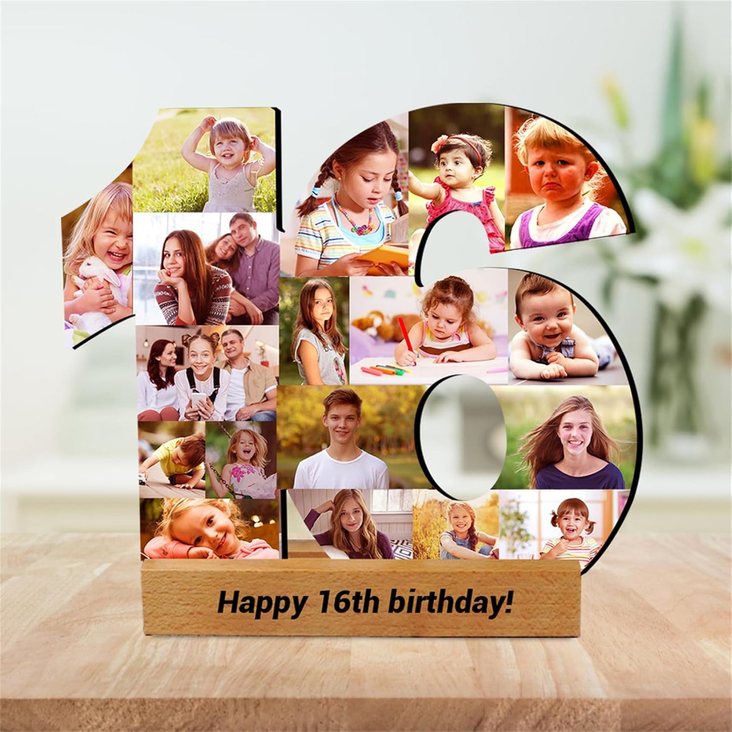 Personalized 16th Birthday Photo Frame Sign with 1-20 Picture Custom 50th Anniversary Picture Plaque Numbered Photo Collage 60 Anniversary Frame 18th Birthday Photo Sign,Wooden Base Birthday Frame