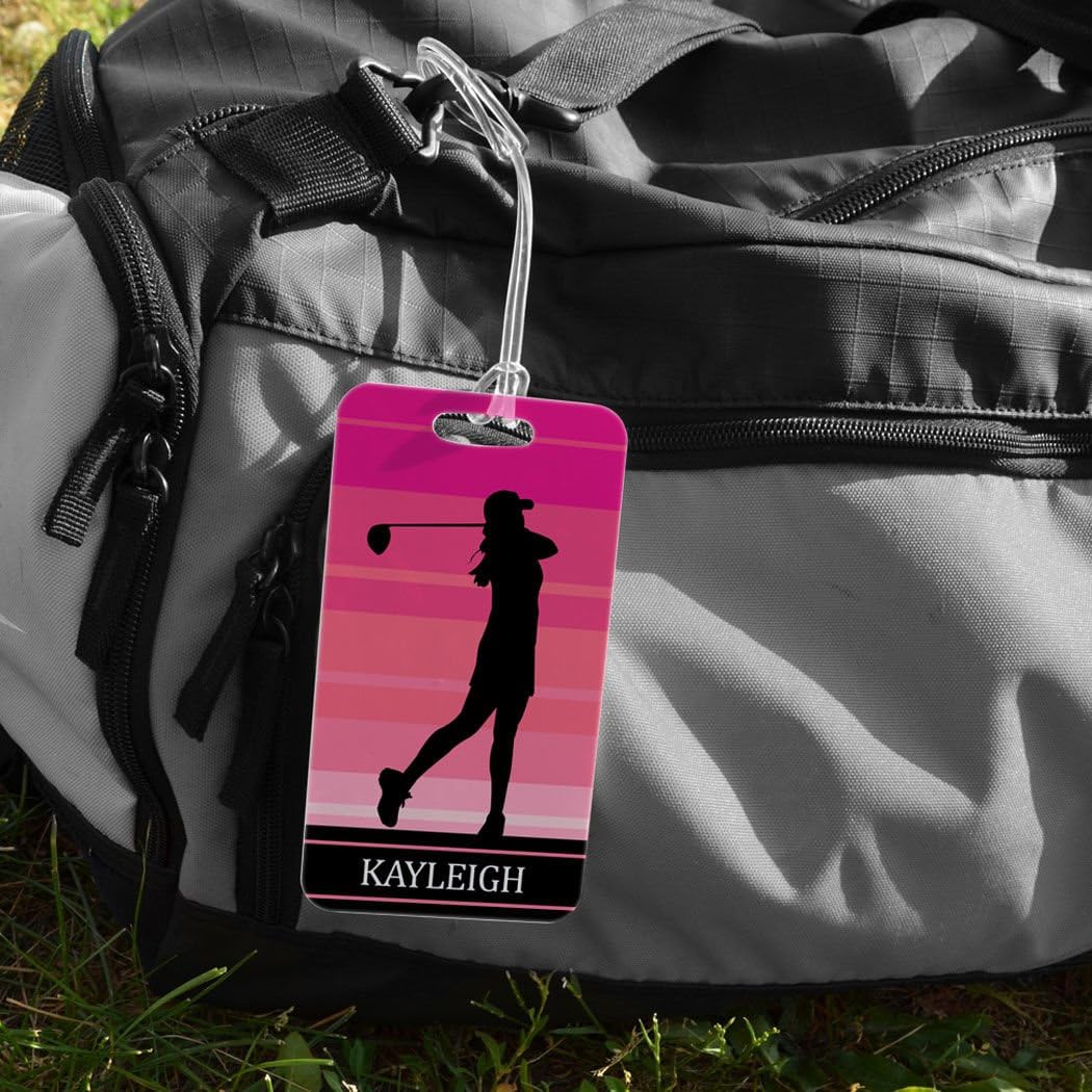 ChalkTalkSPORTS Golf Luggage & Bag Tag | Personalized Female Golfer | Standard Lines on Back | Large | Pink