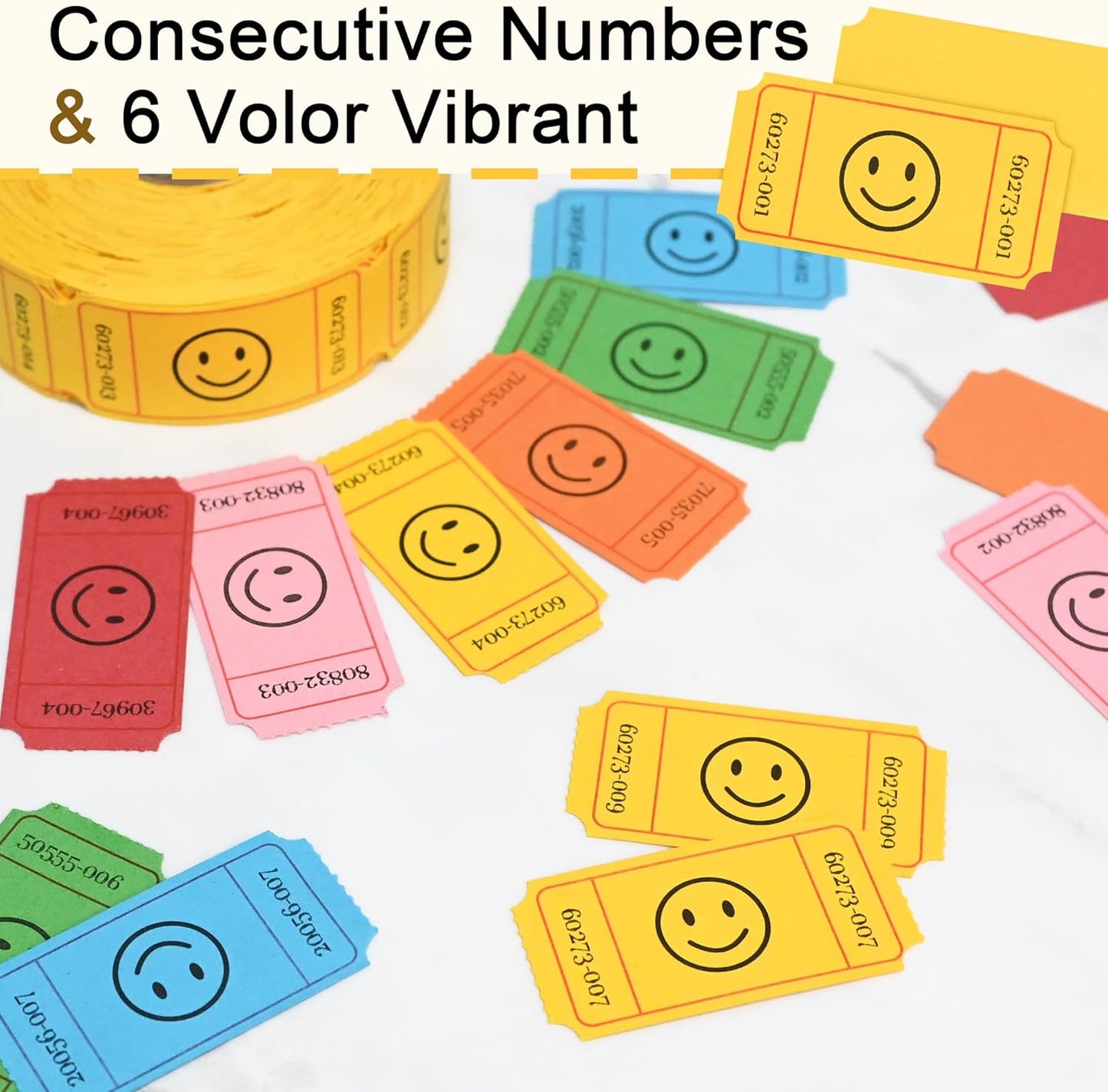 L LIKED 500 Raffle Tickets, Smile, Yellow (6 Color Selection), Single Roll, Ticket for Events, Entry, Class Reward, Raffle & Prizes