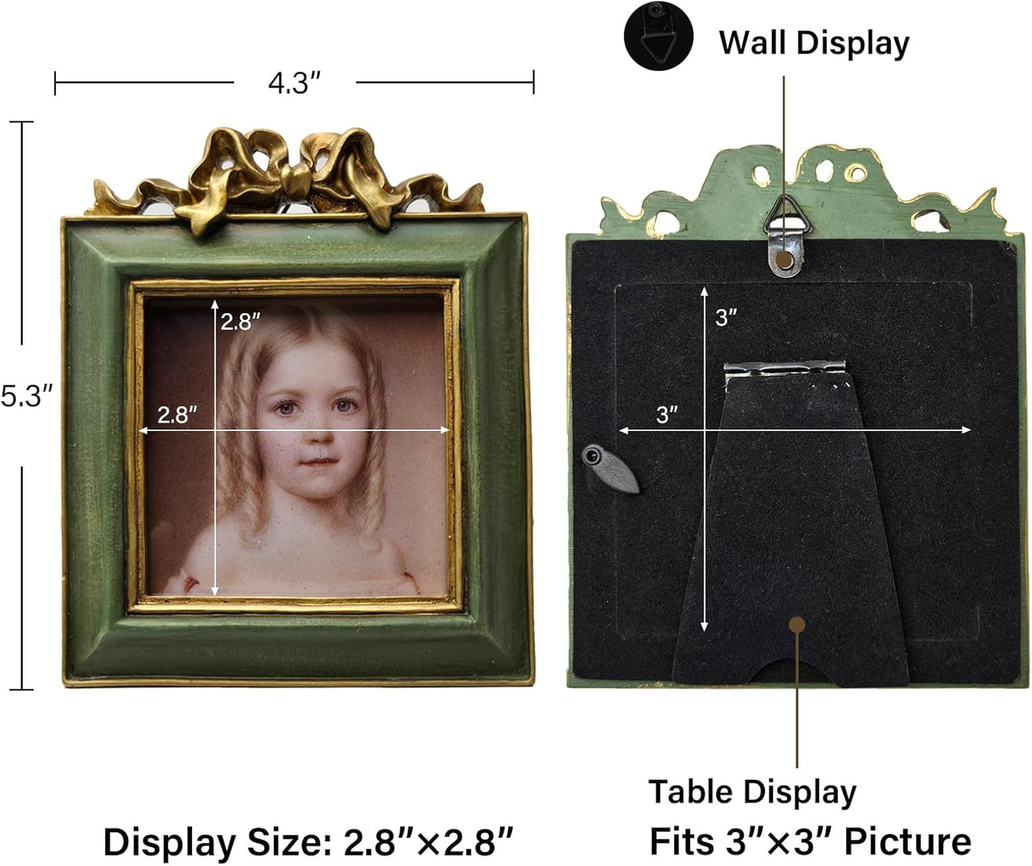 SYLVIA'S SHOP 3x3 Small Vintage Picture Frame, Mini Antique Ornate Square Photo Frame, for Tabletop and Wall Display, Retro Home Decor, Photo Gallery Art, Green